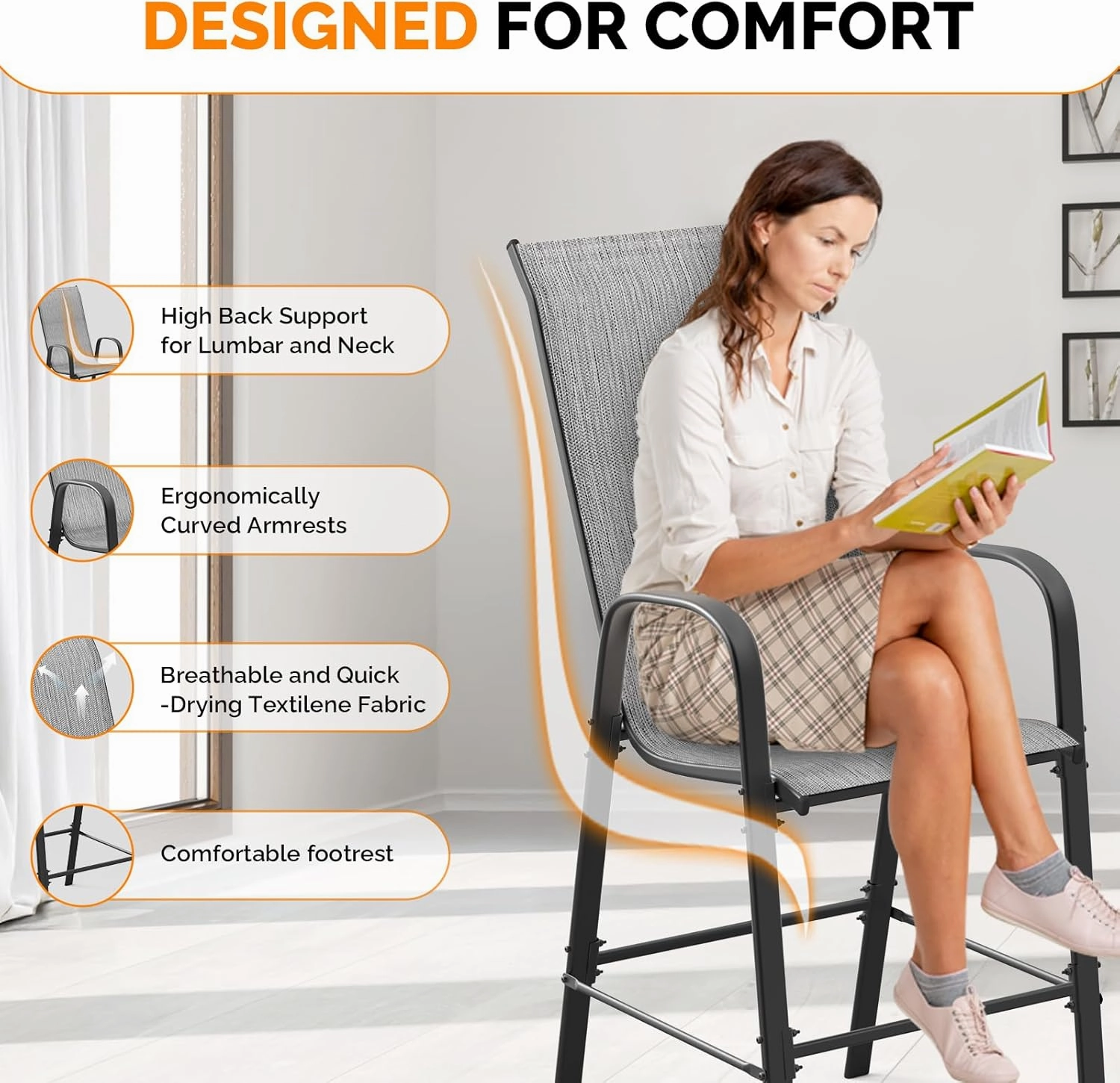 VINGLI Outdoor Bar Chairs Set of 6 – Stackable Outdoor Bar Stools with Sturdy Sling High Back and Armrests for Lawn, Courtyard, Garden, Bar, Silver Gray