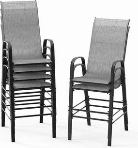 VINGLI Outdoor Bar Chairs Set of 6 – Stackable Outdoor Bar Stools with Sturdy Sling High Back and Armrests for Lawn, Courtyard, Garden, Bar, Silver Gray