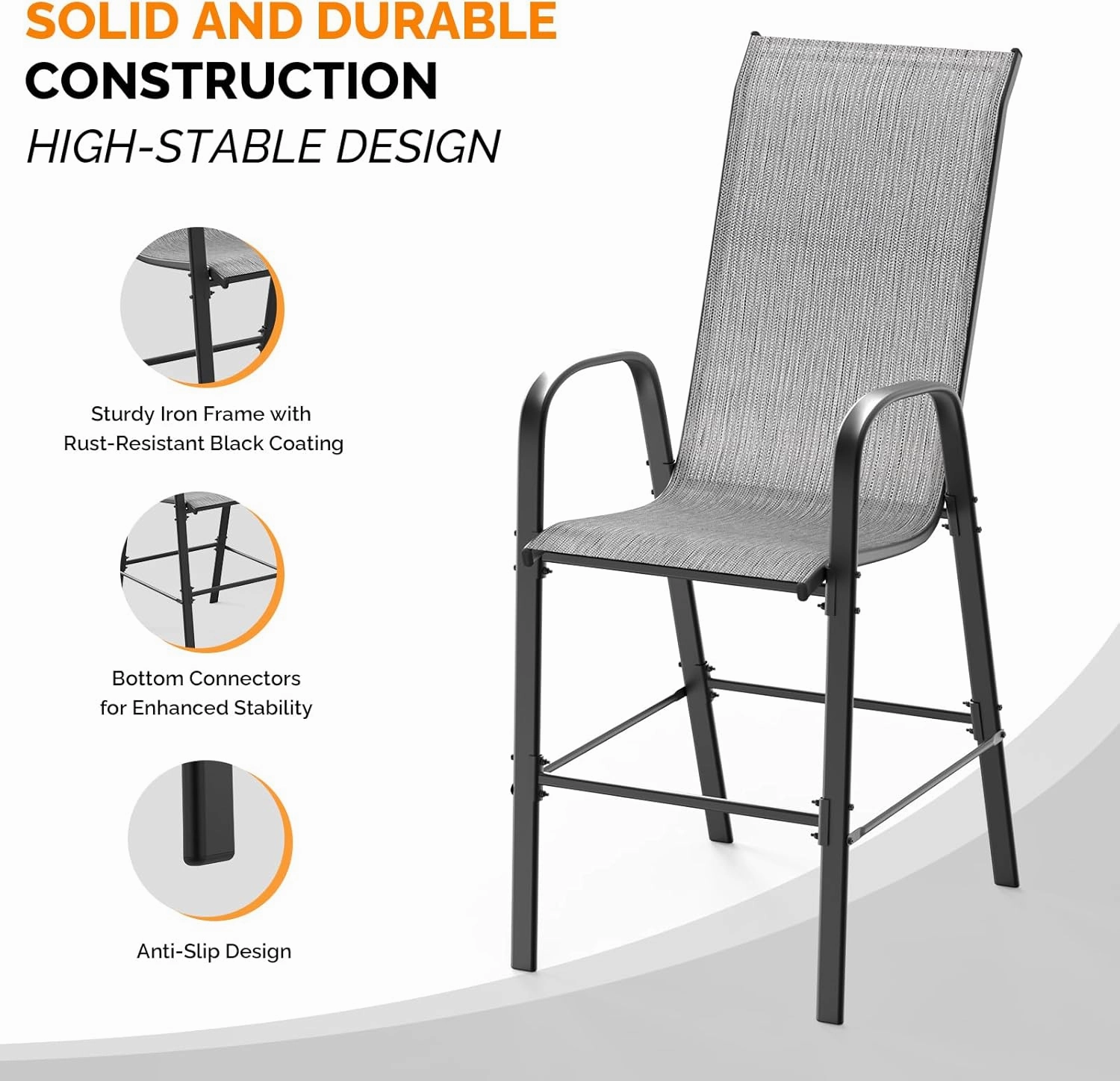 VINGLI Outdoor Bar Chairs Set of 6 – Stackable Outdoor Bar Stools with Sturdy Sling High Back and Armrests for Lawn, Courtyard, Garden, Bar, Silver Gray