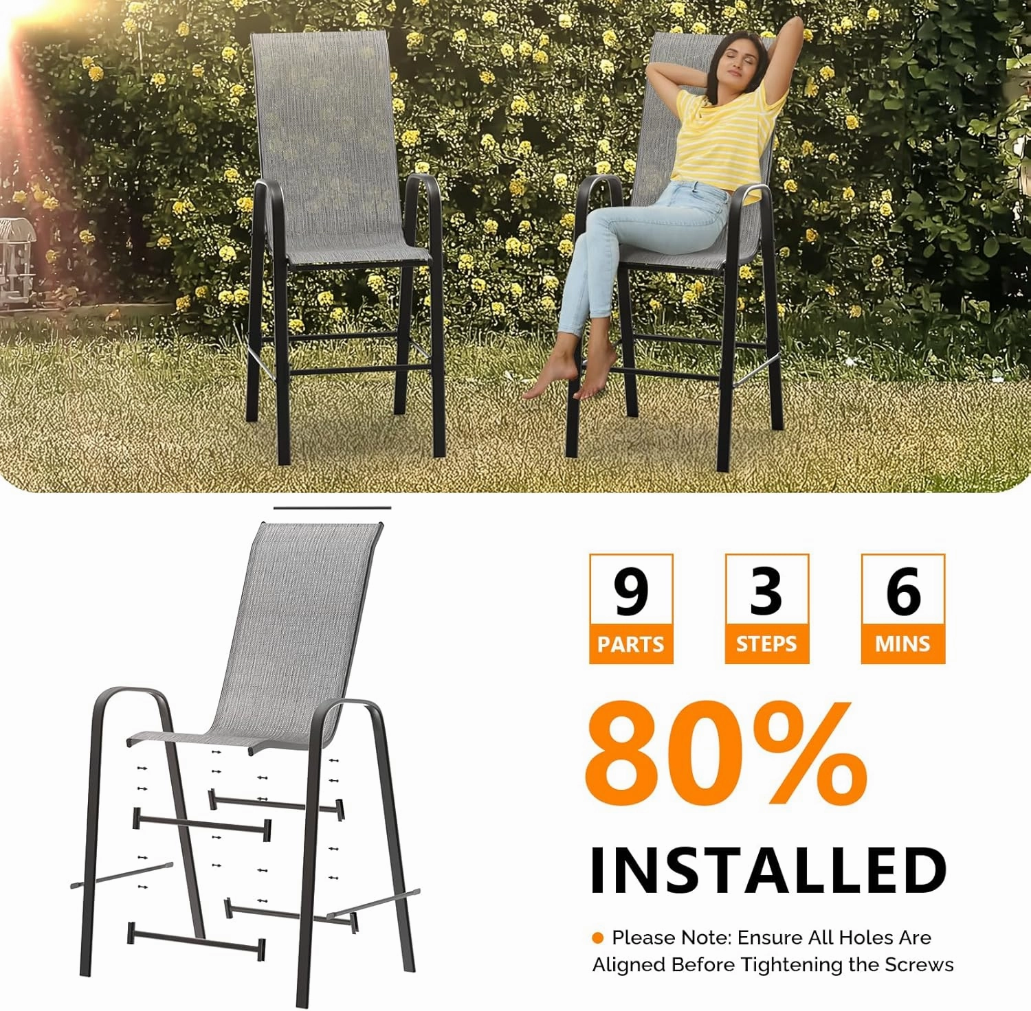 VINGLI Outdoor Bar Chairs Set of 6 – Stackable Outdoor Bar Stools with Sturdy Sling High Back and Armrests for Lawn, Courtyard, Garden, Bar, Silver Gray