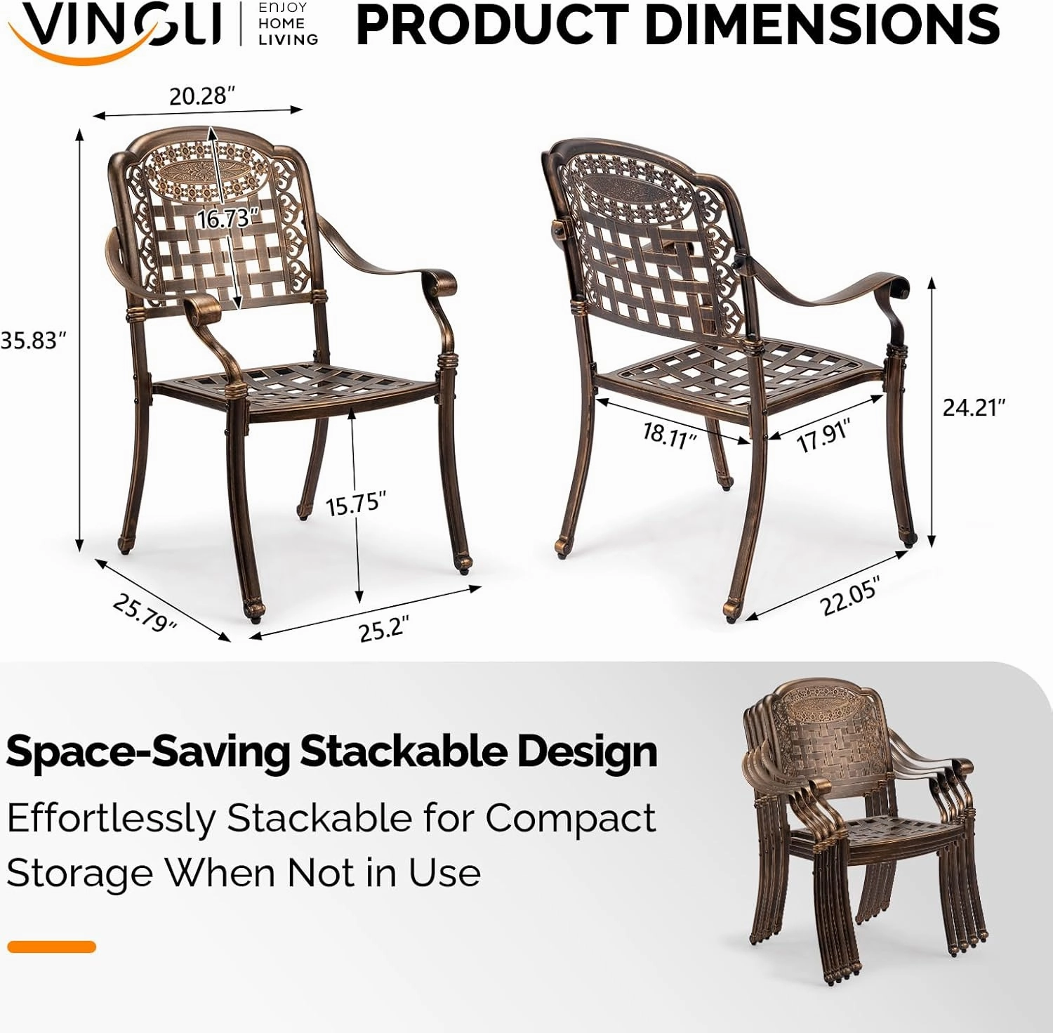 VINGLI Patio Chairs Set of 2 - Stackable Outdoor Cast Aluminum Dining Chairs with Vintage Bronze Finish and Plaid Pattern, Metal Armchairs for Poolside, Backyard, Balcony (No Cushion)