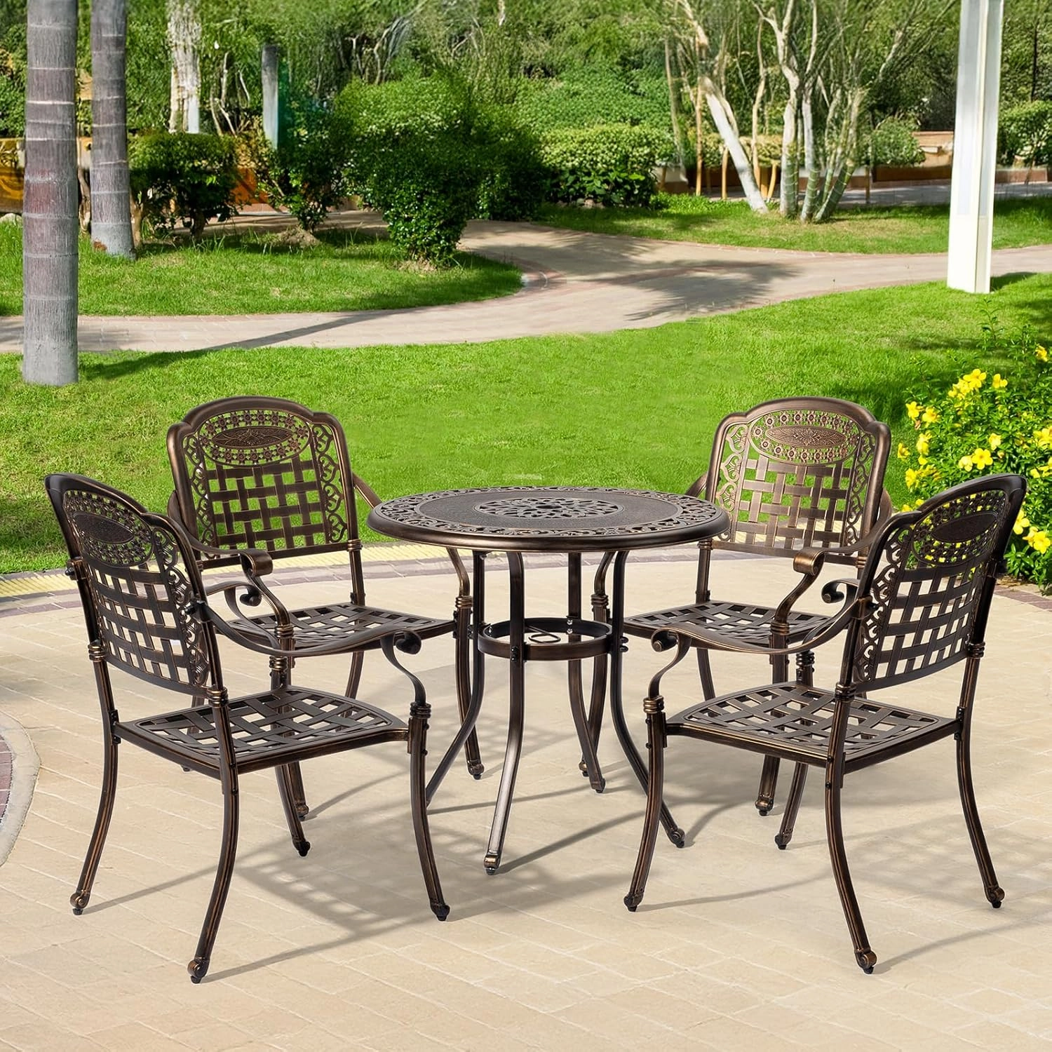 VINGLI Patio Chairs Set of 2 - Stackable Outdoor Cast Aluminum Dining Chairs with Vintage Bronze Finish and Plaid Pattern, Metal Armchairs for Poolside, Backyard, Balcony (No Cushion)