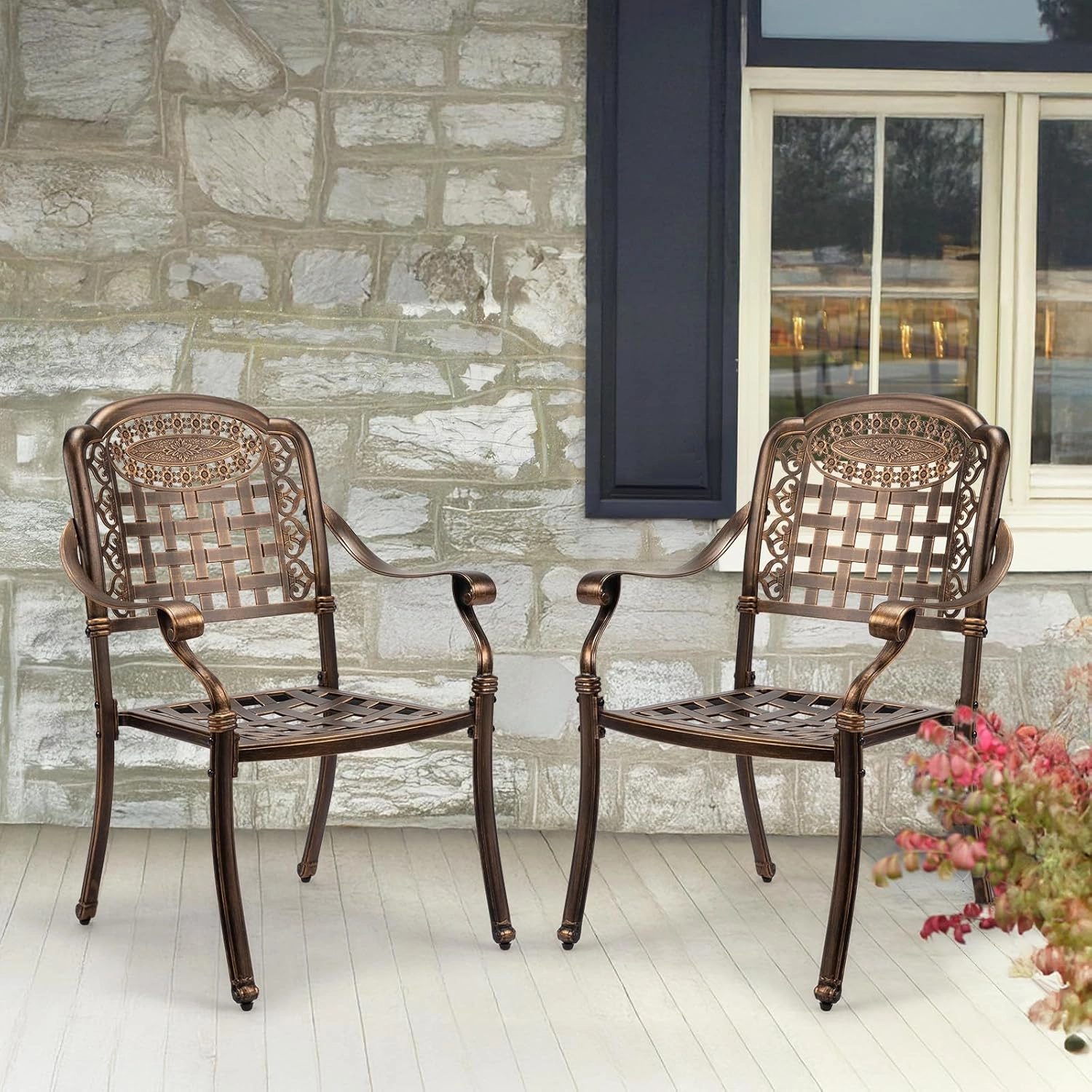 VINGLI Patio Chairs Set of 2 - Stackable Outdoor Cast Aluminum Dining Chairs with Vintage Bronze Finish and Plaid Pattern, Metal Armchairs for Poolside, Backyard, Balcony (No Cushion)