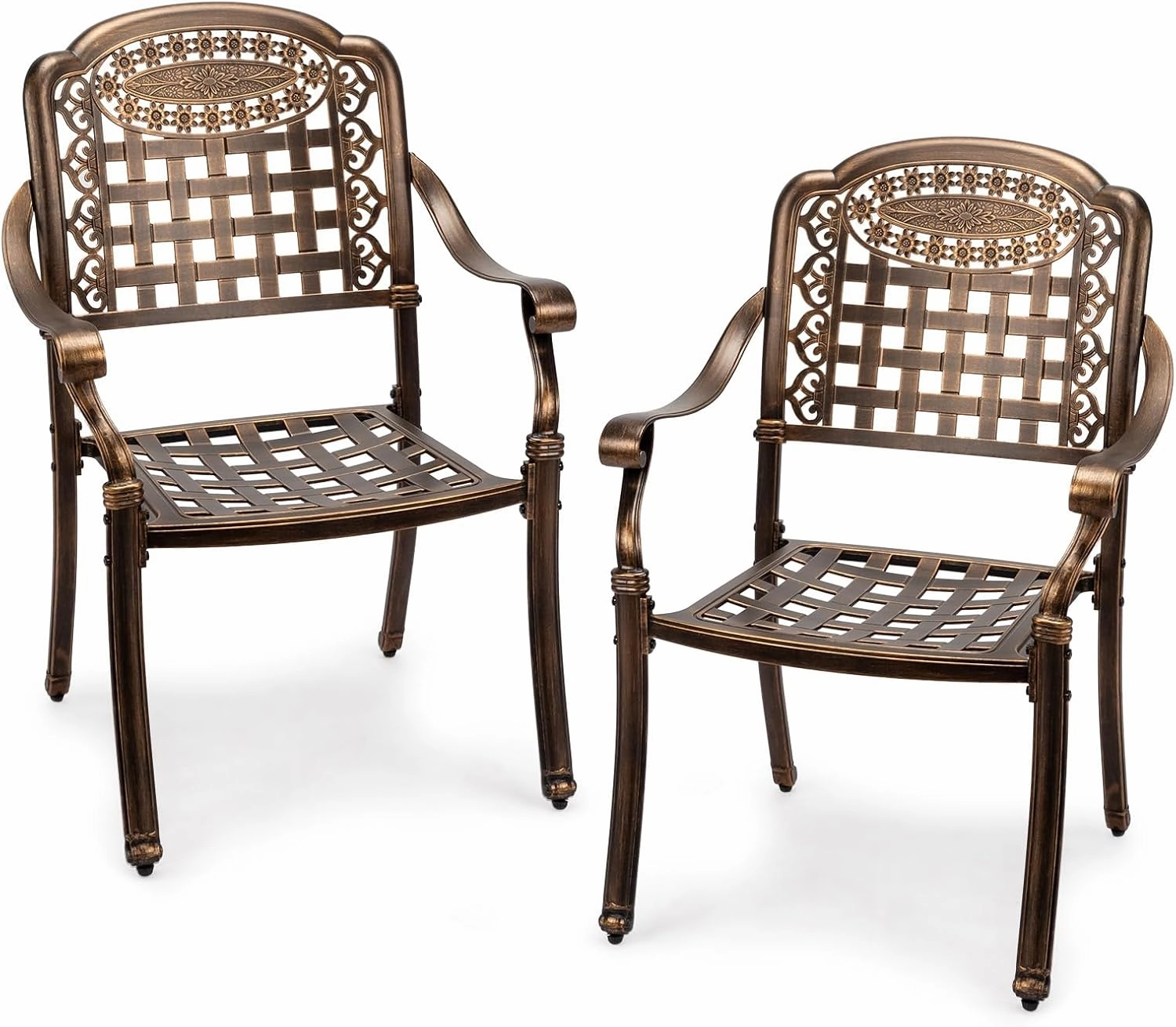 VINGLI Patio Chairs Set of 2 - Stackable Outdoor Cast Aluminum Dining Chairs with Vintage Bronze Finish and Plaid Pattern, Metal Armchairs for Poolside, Backyard, Balcony (No Cushion)