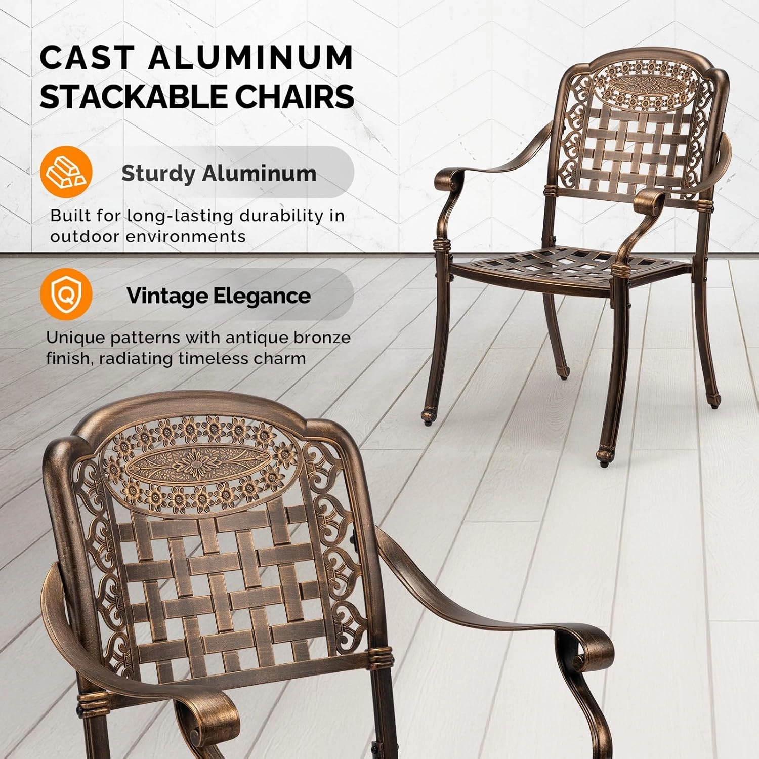 VINGLI Patio Chairs Set of 2 - Stackable Outdoor Cast Aluminum Dining Chairs with Vintage Bronze Finish and Plaid Pattern, Metal Armchairs for Poolside, Backyard, Balcony (No Cushion)