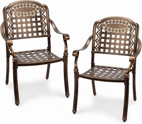 VINGLI Patio Chairs Set of 2 - Stackable Outdoor Cast Aluminum Dining Chairs with Vintage Bronze Finish and Plaid Pattern, Metal Armchairs for Poolside, Backyard, Balcony (No Cushion)