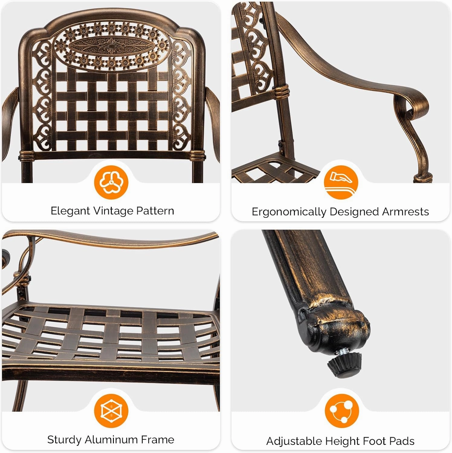 VINGLI Patio Chairs Set of 2 - Stackable Outdoor Cast Aluminum Dining Chairs with Vintage Bronze Finish and Plaid Pattern, Metal Armchairs for Poolside, Backyard, Balcony (No Cushion)