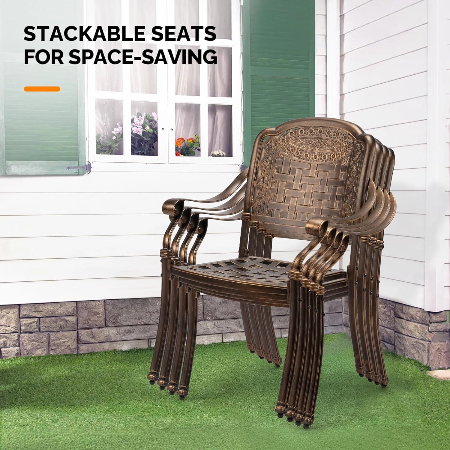 VINGLI Patio Chairs Set of 2 - Stackable Outdoor Cast Aluminum Dining Chairs with Vintage Bronze Finish and Plaid Pattern, Metal Armchairs for Poolside, Backyard, Balcony (No Cushion)