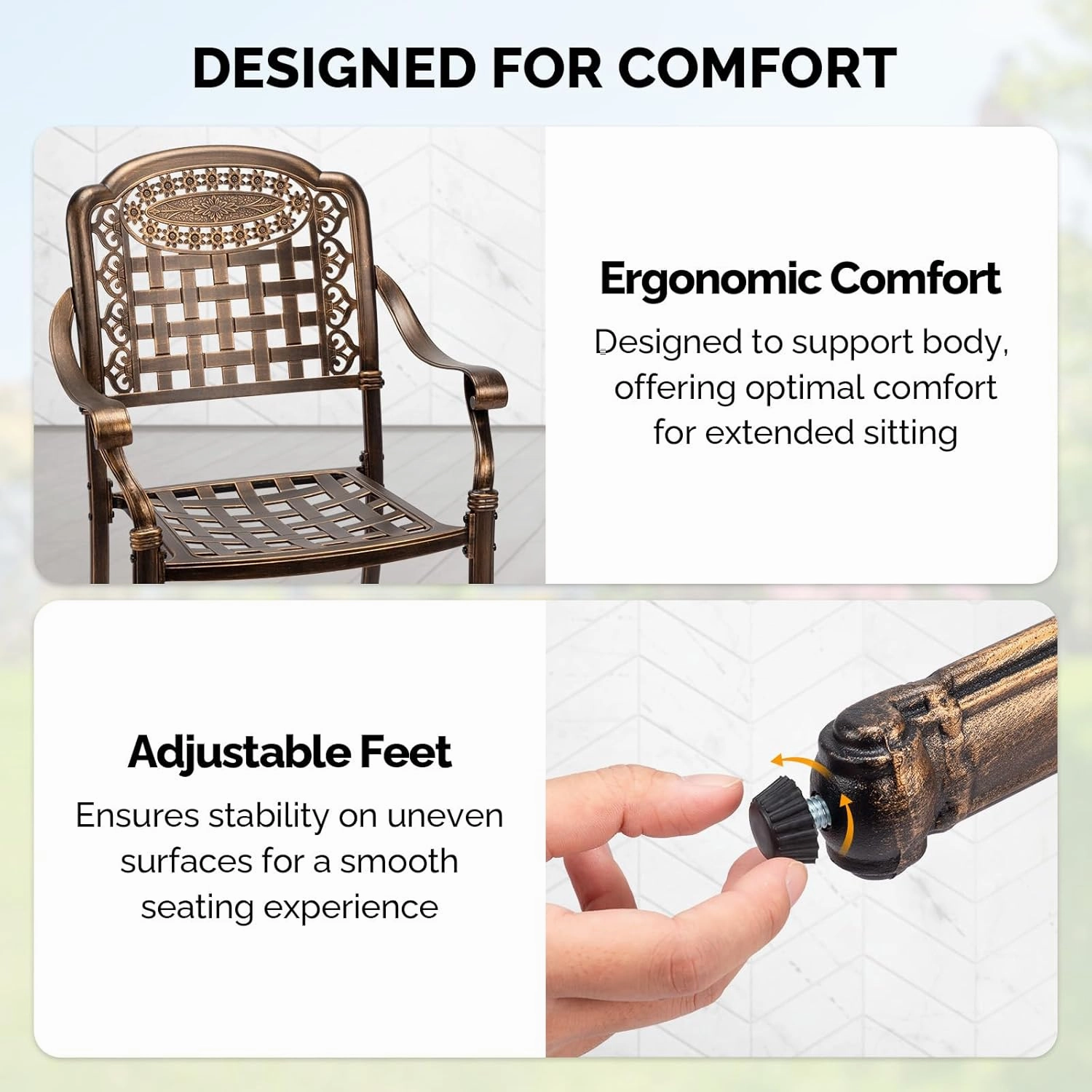 VINGLI Patio Chairs Set of 2 - Stackable Outdoor Cast Aluminum Dining Chairs with Vintage Bronze Finish and Plaid Pattern, Metal Armchairs for Poolside, Backyard, Balcony (No Cushion)