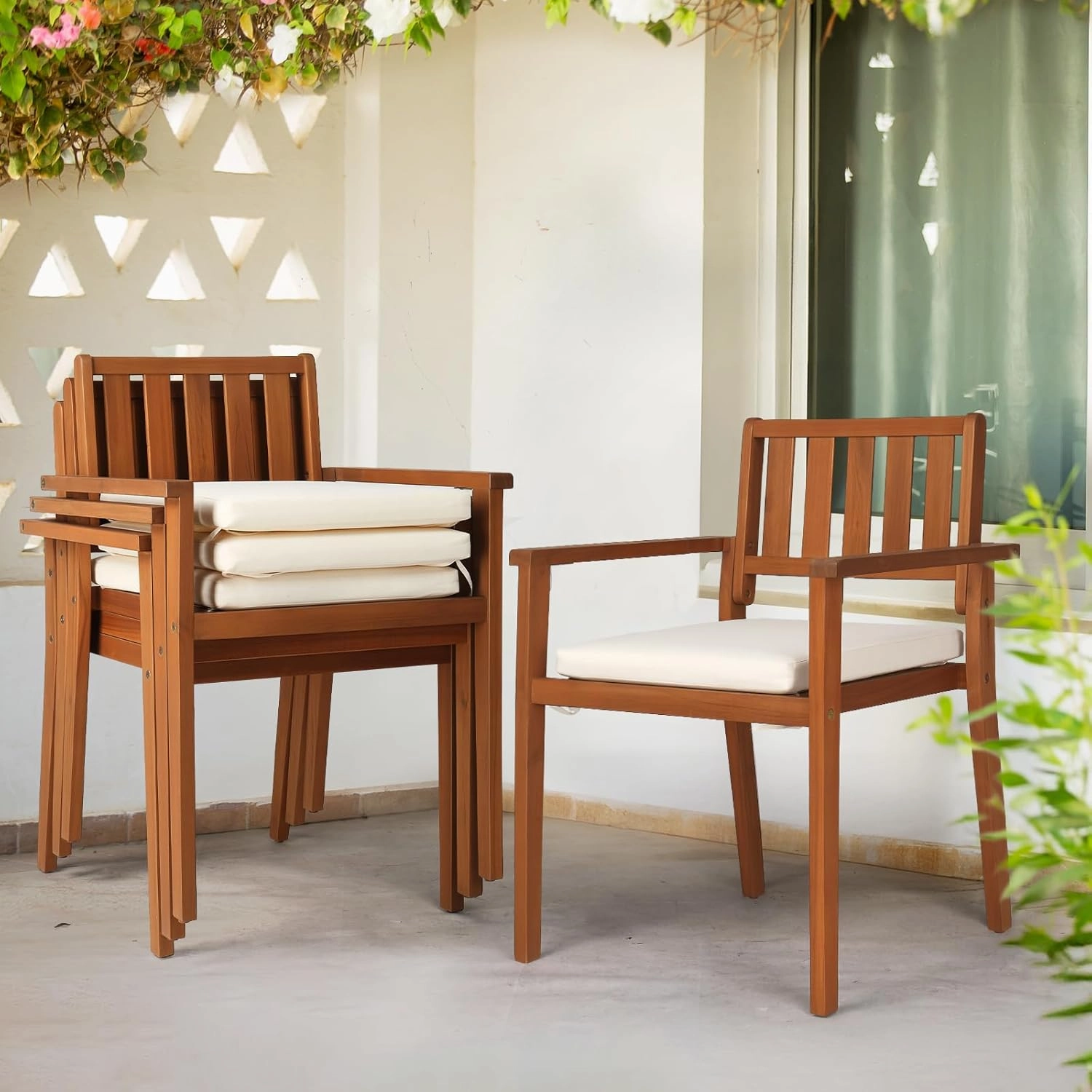 VINGLI Stackable Wooden Patio Dining Chairs – Set of 4, Durable Acacia Wood Outdoor Dining Chairs with Cushions and Comfortable Armrests – Perfect for Porch, Garden, Balcony, Pool, and Indoor