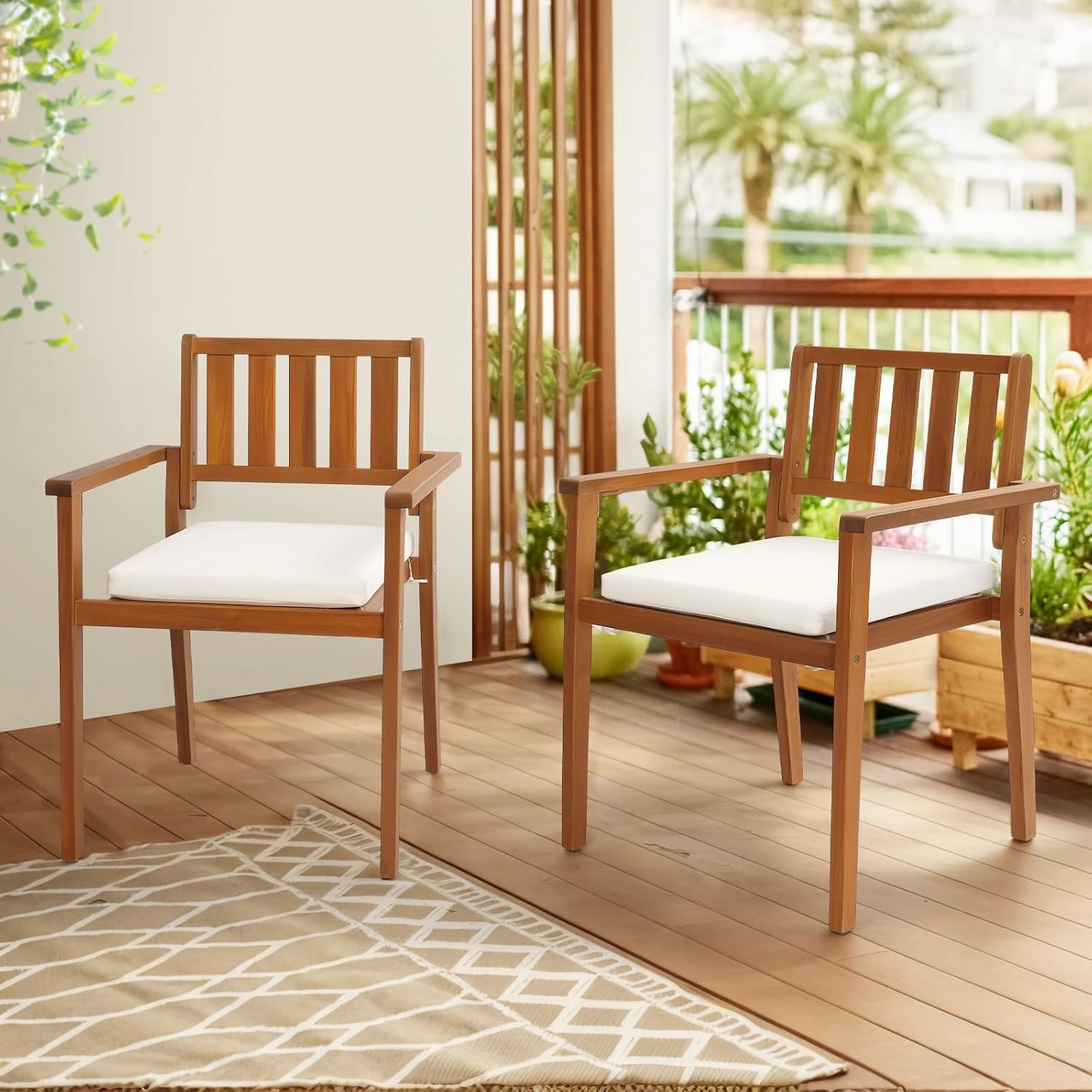 VINGLI Stackable Wooden Patio Dining Chairs – Set of 4, Durable Acacia Wood Outdoor Dining Chairs with Cushions and Comfortable Armrests – Perfect for Porch, Garden, Balcony, Pool, and Indoor