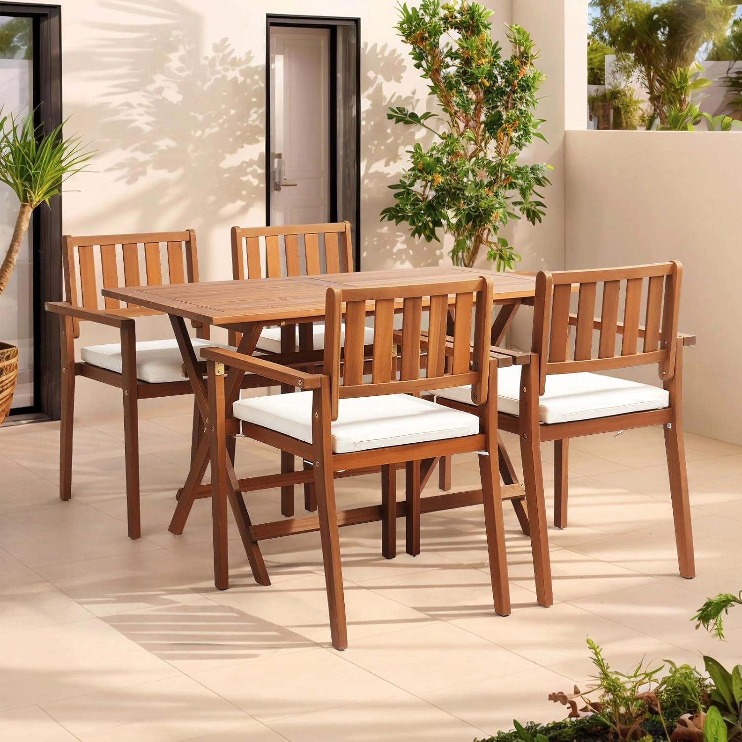 VINGLI Stackable Wooden Patio Dining Chairs – Set of 4, Durable Acacia Wood Outdoor Dining Chairs with Cushions and Comfortable Armrests – Perfect for Porch, Garden, Balcony, Pool, and Indoor