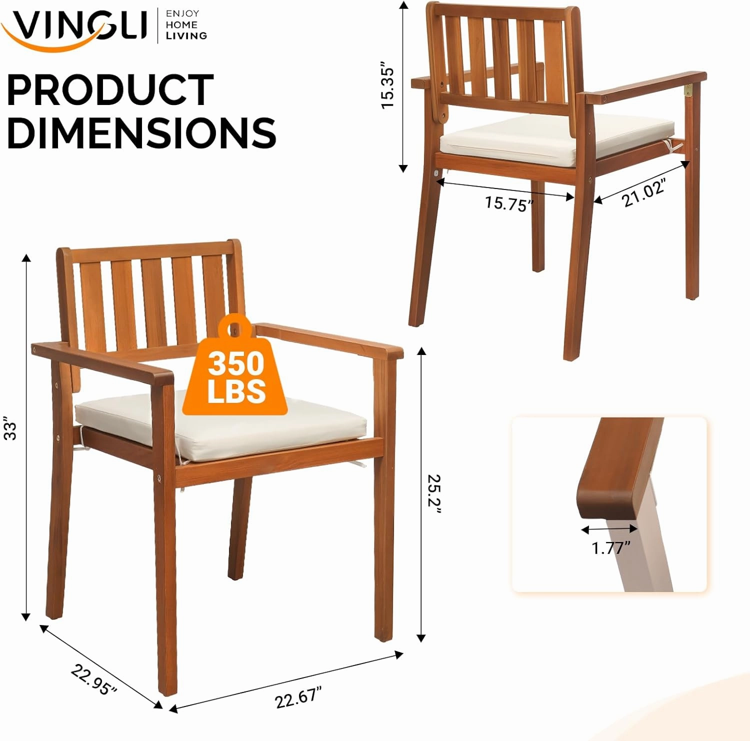 VINGLI Stackable Wooden Patio Dining Chairs – Set of 4, Durable Acacia Wood Outdoor Dining Chairs with Cushions and Comfortable Armrests – Perfect for Porch, Garden, Balcony, Pool, and Indoor