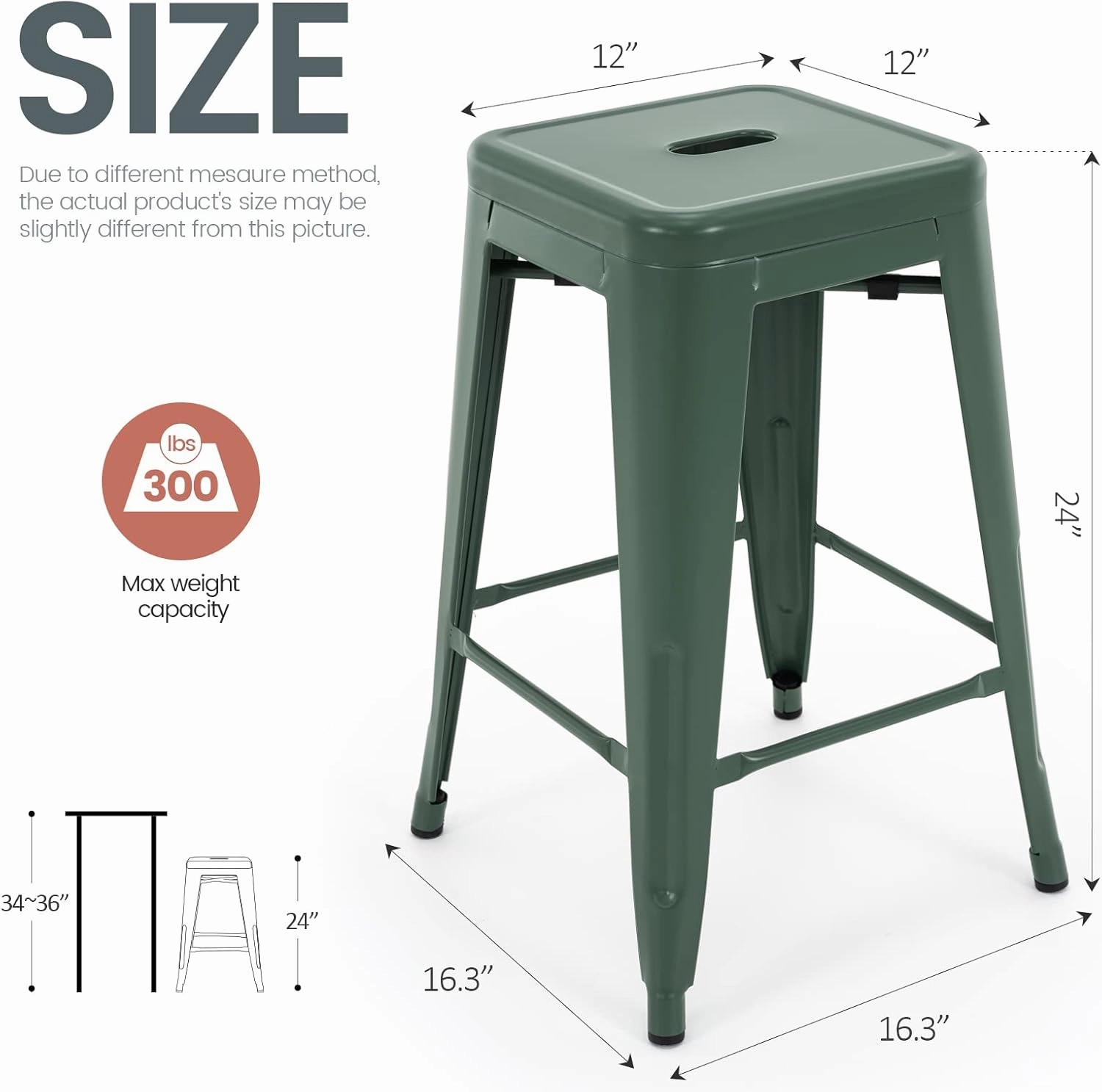 Vogue Furniture Direct 24 Inch Metal Bar Stools, Backless Counter Height Barstools, Indoor Outdoor Stackable Stools with Square Seat, Set of 2 (Dark Green)