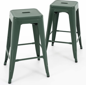 Vogue Furniture Direct 24 Inch Metal Bar Stools, Backless Counter Height Barstools, Indoor Outdoor Stackable Stools with Square Seat, Set of 2 (Dark Green)