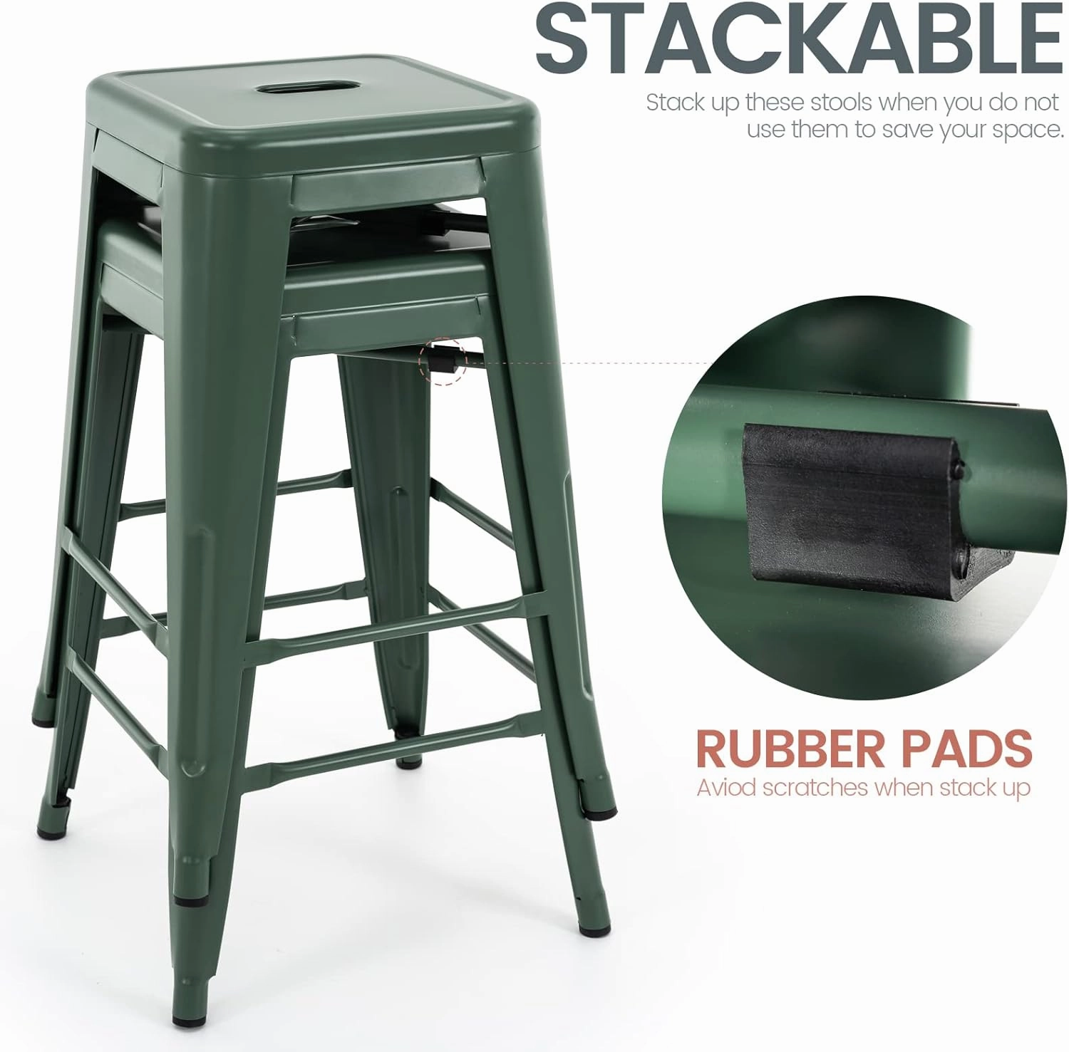 Vogue Furniture Direct 24 Inch Metal Bar Stools, Backless Counter Height Barstools, Indoor Outdoor Stackable Stools with Square Seat, Set of 2 (Dark Green)
