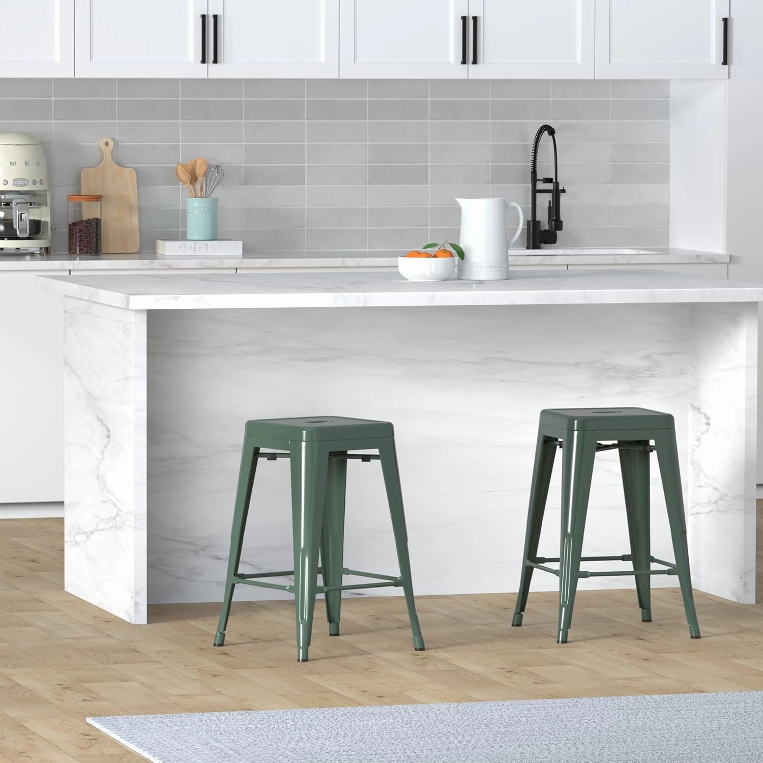 Vogue Furniture Direct 24 Inch Metal Bar Stools, Backless Counter Height Barstools, Indoor Outdoor Stackable Stools with Square Seat, Set of 2 (Dark Green)