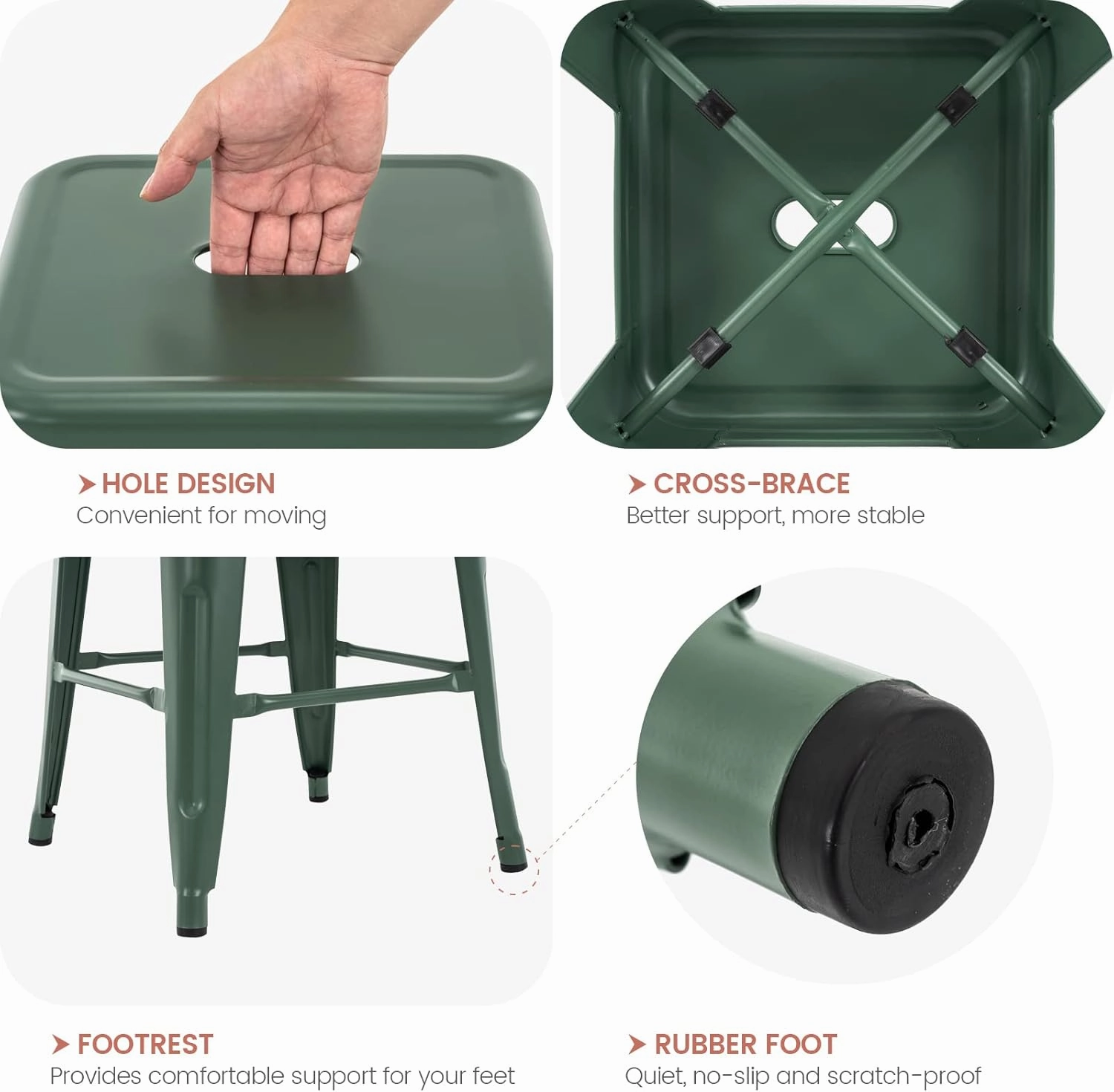 Vogue Furniture Direct 24 Inch Metal Bar Stools, Backless Counter Height Barstools, Indoor Outdoor Stackable Stools with Square Seat, Set of 2 (Dark Green)