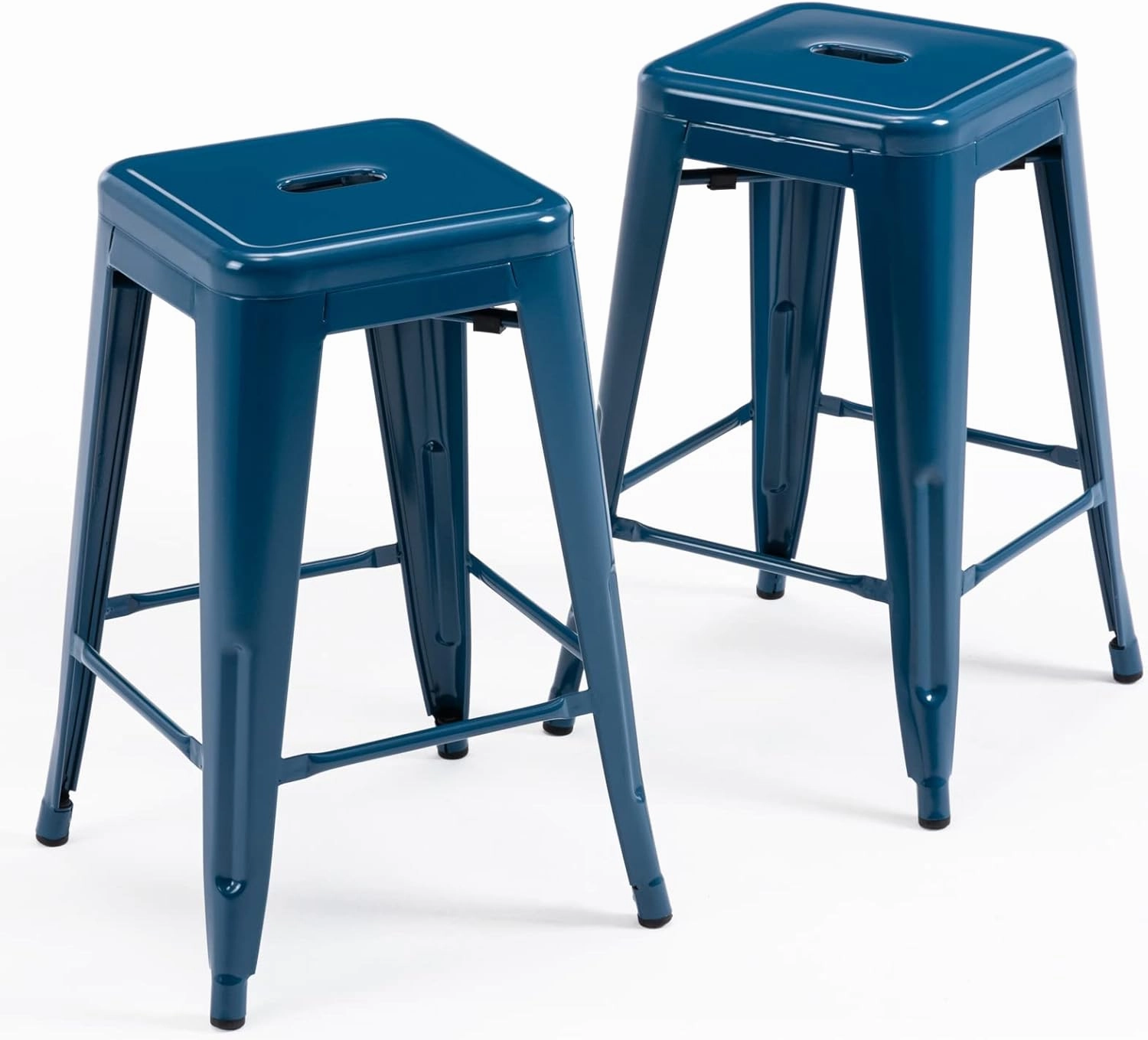 Vogue Furniture Direct 24 Inch Metal Bar Stools, Backless Counter Height Barstools, Indoor Outdoor Stackable Stools with Square Seat, Set of 2 (Deep Blue)
