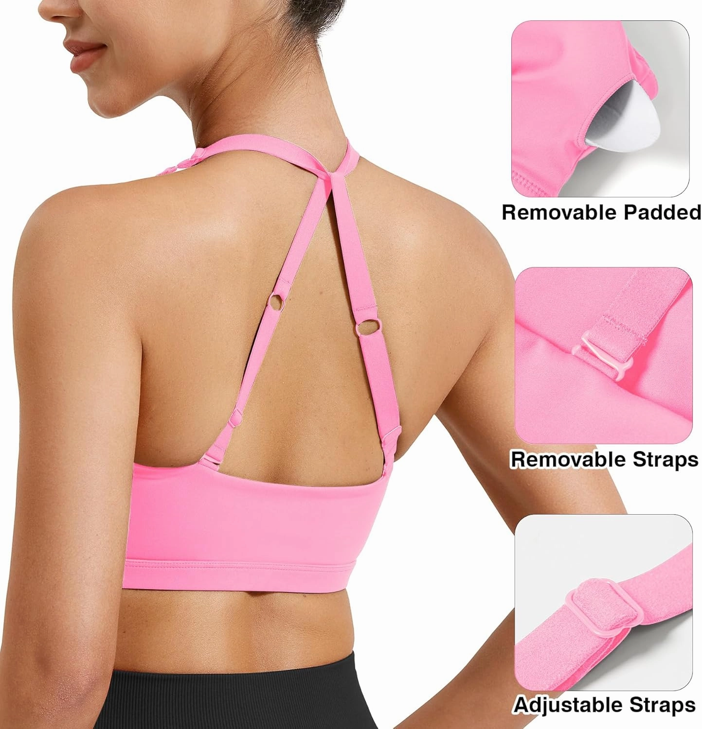 VOYJOY Workout Sports Bras for Women Padded Backless Strappy Fitness Wireless Gym Medium Impact Bra Yoga Crop Top