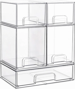Vtopmart Stackable Storage Drawers Set of 5, Clear Plastic Organizer Bins for Beauty Supplies,Ideal for Vanity, Bathroom,Cabinet,Pantry Organization