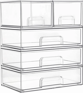 Vtopmart Stackable Storage Drawers Set of 5,Clear Plastic Organizer Bins for Makeup, Cosmetics, Beauty Supplies,Ideal for Vanity, Bathroom,Cabinet,Pantry Organization
