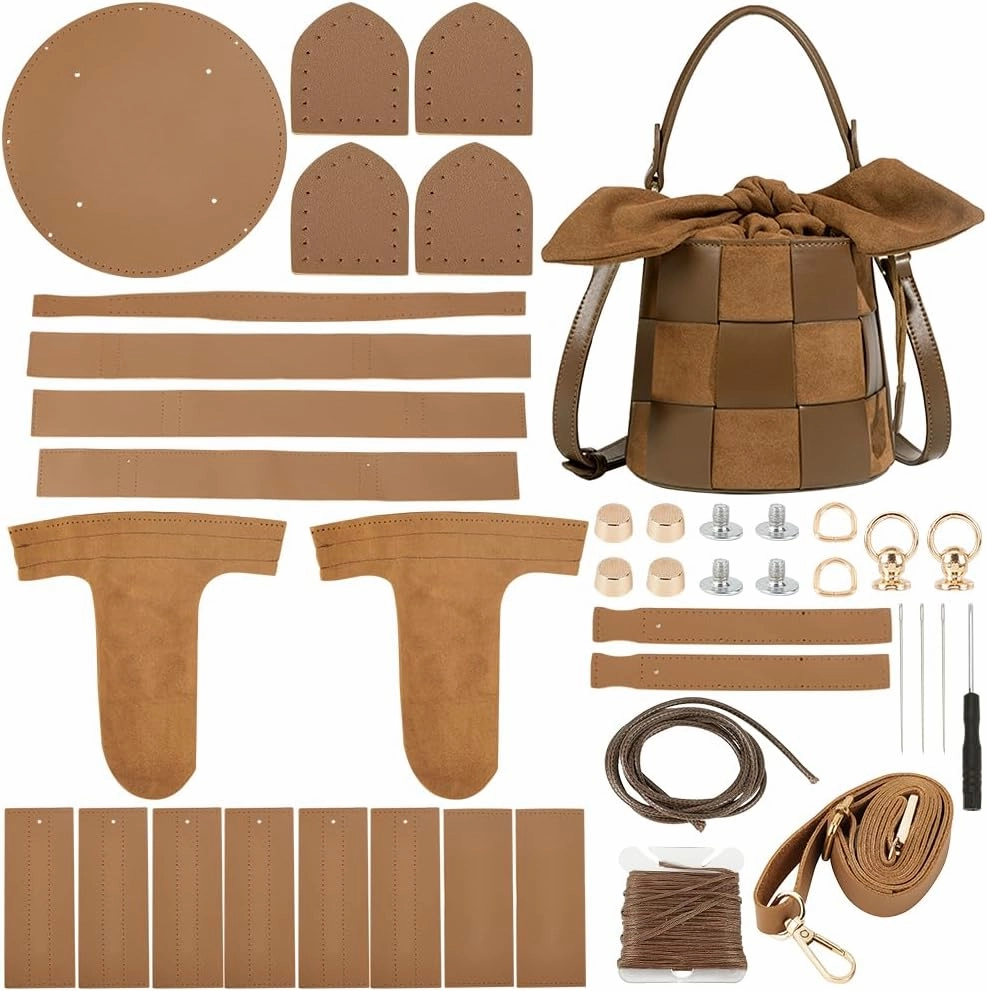 WADORN DIY Bucket Bag Making Kits, PU Leather Rabbit Round Shoulder Bag Making Kit Hand Sewing for Women's Gift, 5.7x5.7 Inch