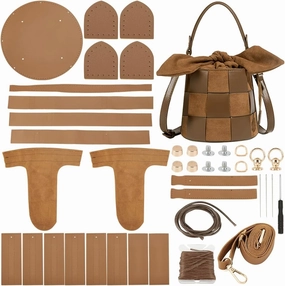 WADORN DIY Bucket Bag Making Kits, PU Leather Rabbit Round Shoulder Bag Making Kit Hand Sewing for Women's Gift, 5.7x5.7 Inch