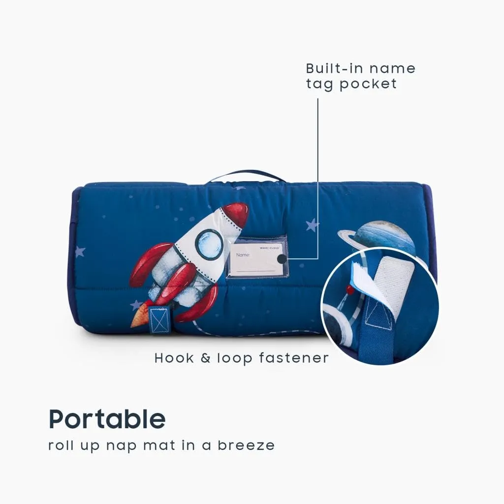 Wake In Cloud - Toddler Nap Mat with Pillow and Blanket, for Kids Boys in Kindergarten Daycare Preschool Pre K, Roll Up Sleeping Bag, Spaces Stars Planet Galaxy, Blue White Red, Standard