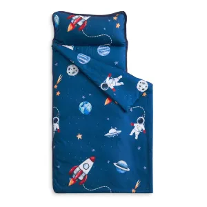 Wake In Cloud - Toddler Nap Mat with Pillow and Blanket, for Kids Boys in Kindergarten Daycare Preschool Pre K, Roll Up Sleeping Bag, Spaces Stars Planet Galaxy, Blue White Red, Standard
