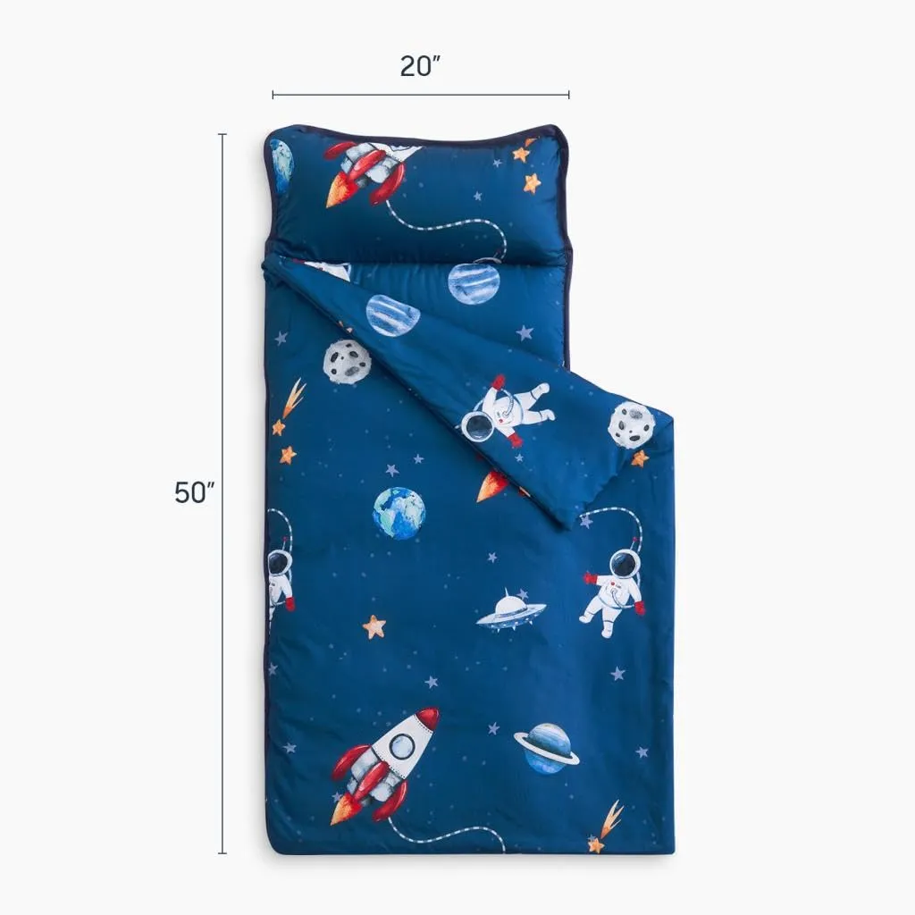 Wake In Cloud - Toddler Nap Mat with Pillow and Blanket, for Kids Boys in Kindergarten Daycare Preschool Pre K, Roll Up Sleeping Bag, Spaces Stars Planet Galaxy, Blue White Red, Standard