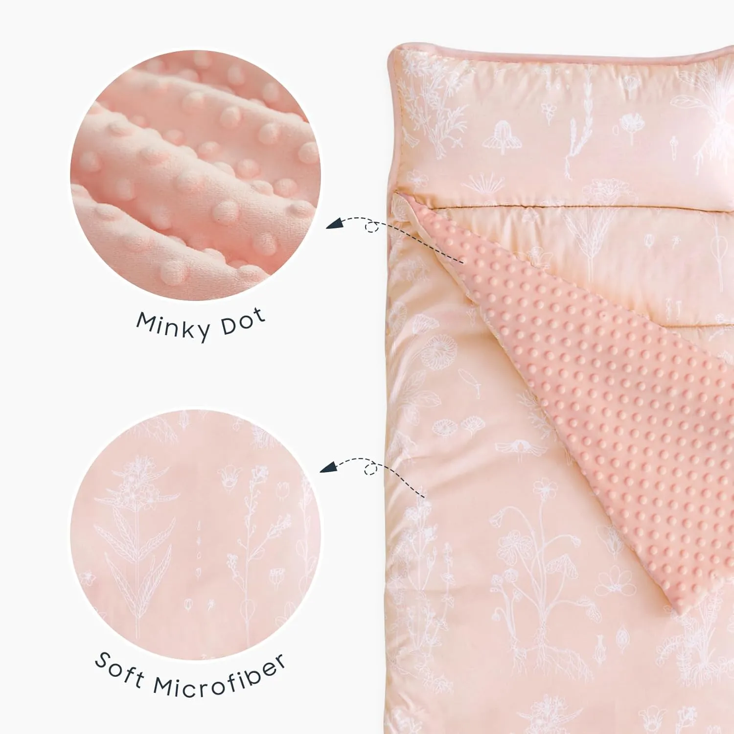 Wake In Cloud - Toddler Nap Mat with Pillow and Minky Fleece Blanket, for Kids Boys Girls in Daycare Preschool Kindergarten, Roll Up Sleeping Bag, Botanical Light Pink, Standard Size