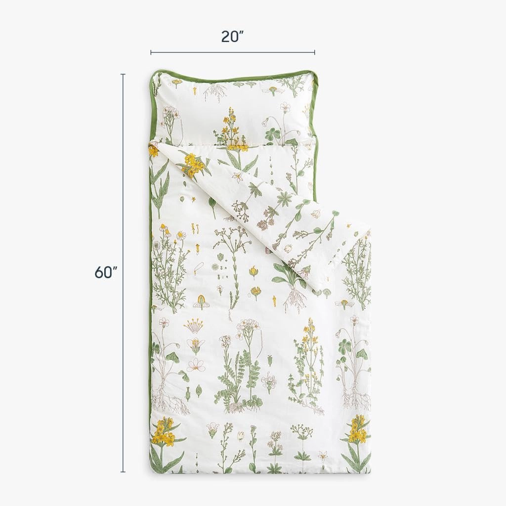 Wake In Cloud - Toddler Nap Mat with Pillow and Blanket, 100% Cotton Fabric, for Kids Girls in Daycare Kindergarten Preschool, Floral Botanical Flowers, White Yellow Green, Extra Long