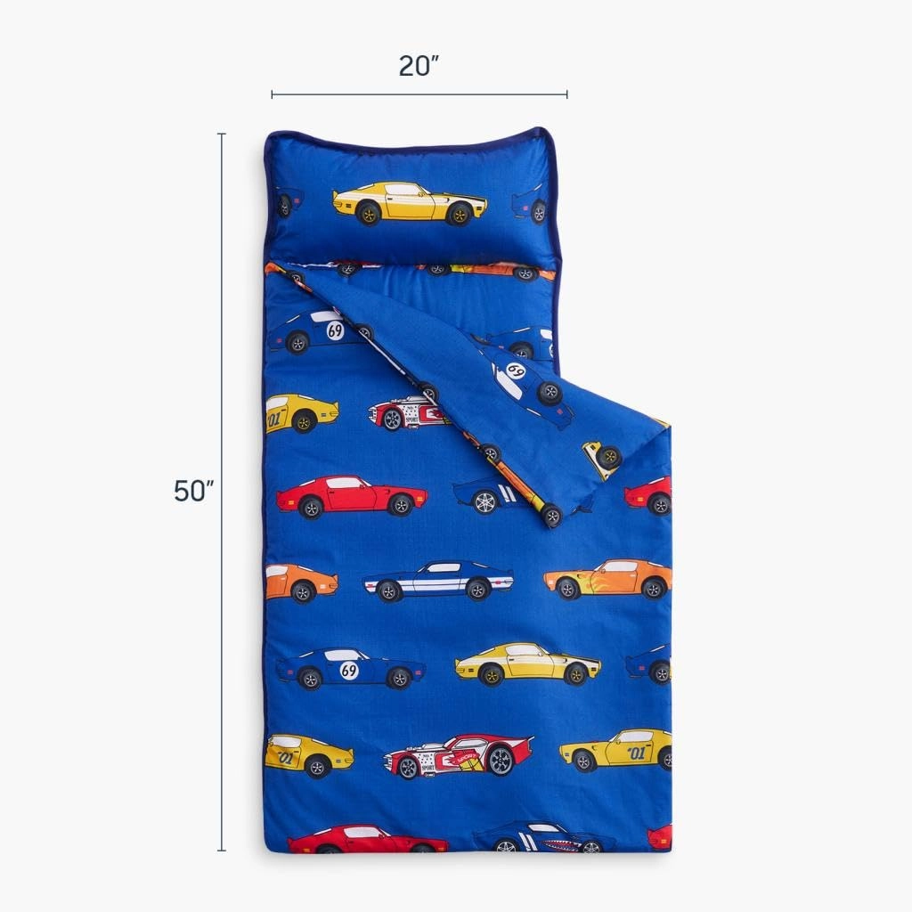 Wake In Cloud - Toddler Nap Mat with Pillow and Blanket, for Kids Boys in Kindergarten Daycare Preschool Pre K, Roll Up Sleeping Bag, Cars Vehicles Trains Airplanes, Blue, Standard