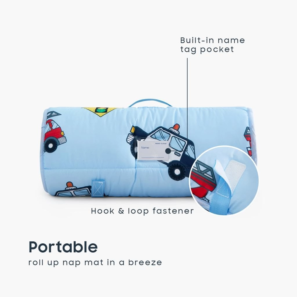 Wake In Cloud - Toddler Nap Mat with Pillow and Blanket, for Kids Boys in Kindergarten Daycare Preschool Pre K, Roll Up Sleeping Bag, Cars Vehicles Trains Airplanes, Light Blue, Standard