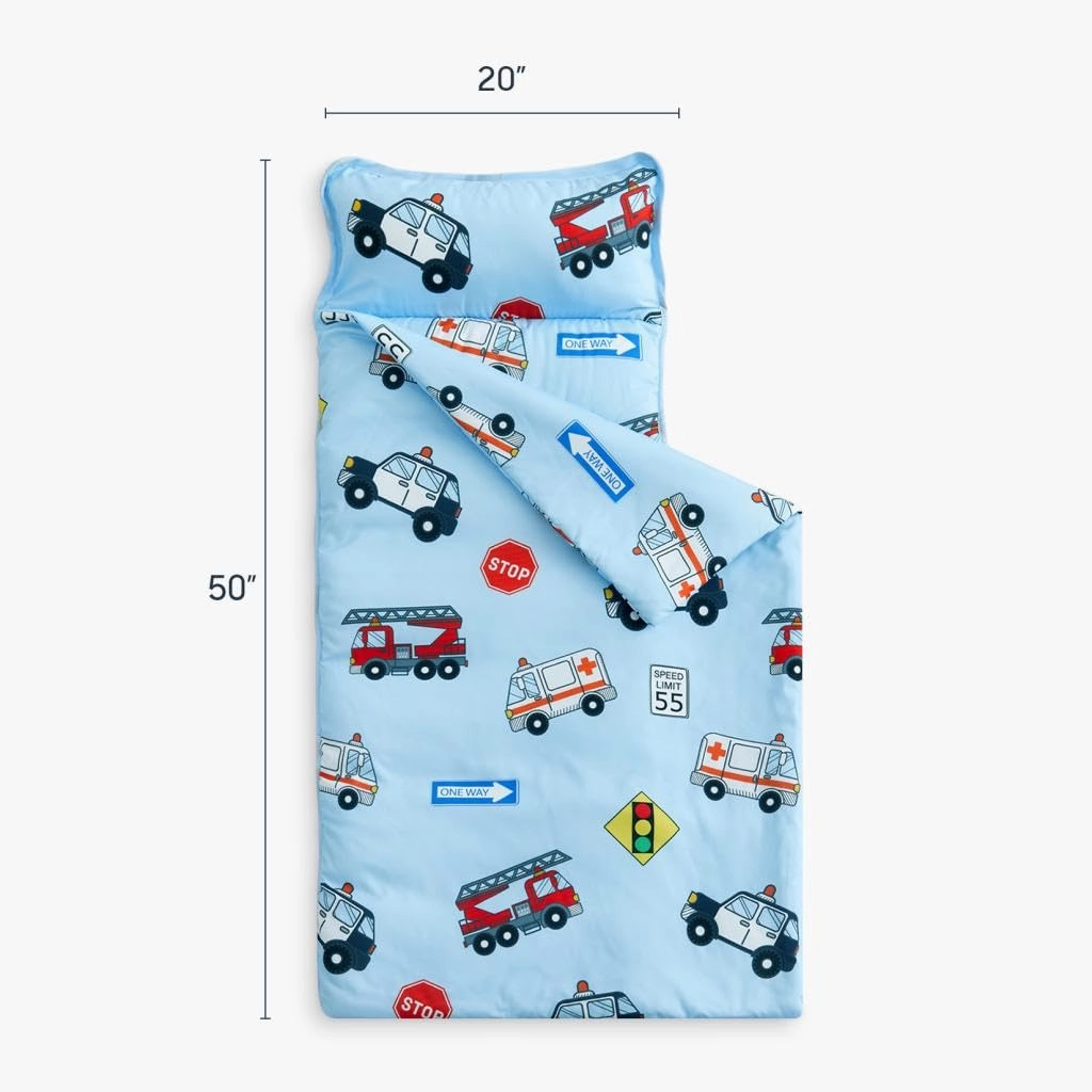 Wake In Cloud - Toddler Nap Mat with Pillow and Blanket, for Kids Boys in Kindergarten Daycare Preschool Pre K, Roll Up Sleeping Bag, Cars Vehicles Trains Airplanes, Light Blue, Standard