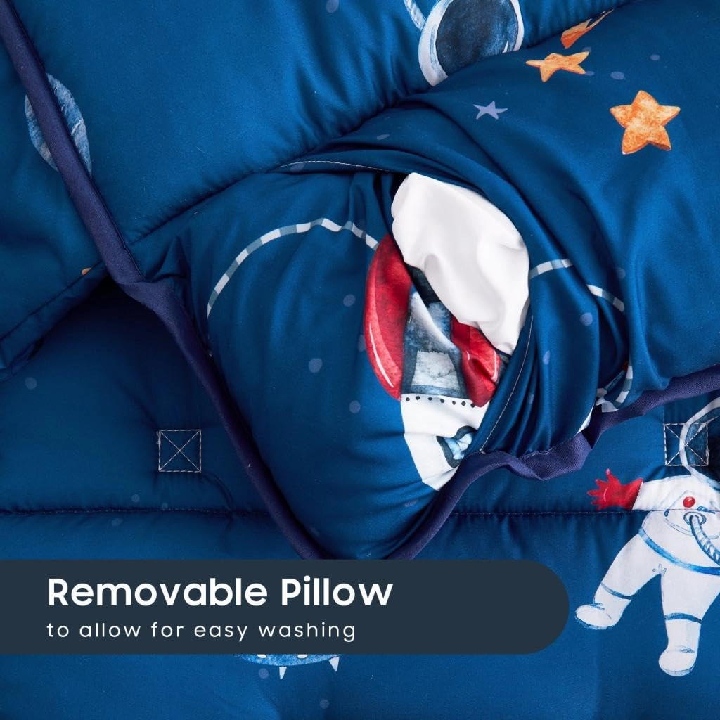 Wake In Cloud - Toddler Nap Mat with Pillow and Blanket, for Kids Boys in Kindergarten Daycare Preschool Pre K, Roll Up Sleeping Bag, Spaces Stars Planet Galaxy, Blue White Red, Standard