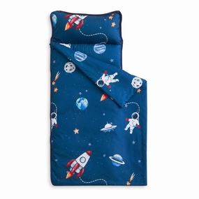 Wake In Cloud - Toddler Nap Mat with Pillow and Blanket, for Kids Boys in Kindergarten Daycare Preschool Pre K, Roll Up Sleeping Bag, Spaces Stars Planet Galaxy, Blue White Red, Standard