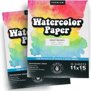 Watercolor Paper Pad, 2 Pack, 140lb Cold Pressed White Heavy Paper for Watercolor Painting, Markers, and Pens, 11" x 15", 15 Large Sheets Each, Ideal for Artists and Sketching