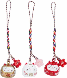 WEBEEDY 3 Colors Lucky Cat Hanging Ornament Phone Charm Cherry Blossom Bell Charms Cute Maneki Neko Cat Japanese Omamori Chinese Feng Shui Fortune Beckoning Cat for Keychain Handbag Backpack
