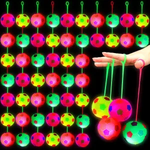 Wettarn 48 Pcs 2.6 Inch LED Light up Balls with Rope Glow Flashing Spiky Bouncy Ball Bulk Glow Toys Party Favor for Autistic Pride Day Birthday Classroom Prizes Return Gifts