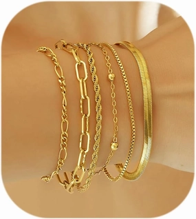 Wgoud Waterproof Gold Bracelets for Women Trendy, Dainty 14K Real Gold Plated Fashion Stackable Bracelet Sets for Women Thin Cuban Link Paperclip Chain Bracelets Layered Gold Jewelry Sets Gifts for Womens