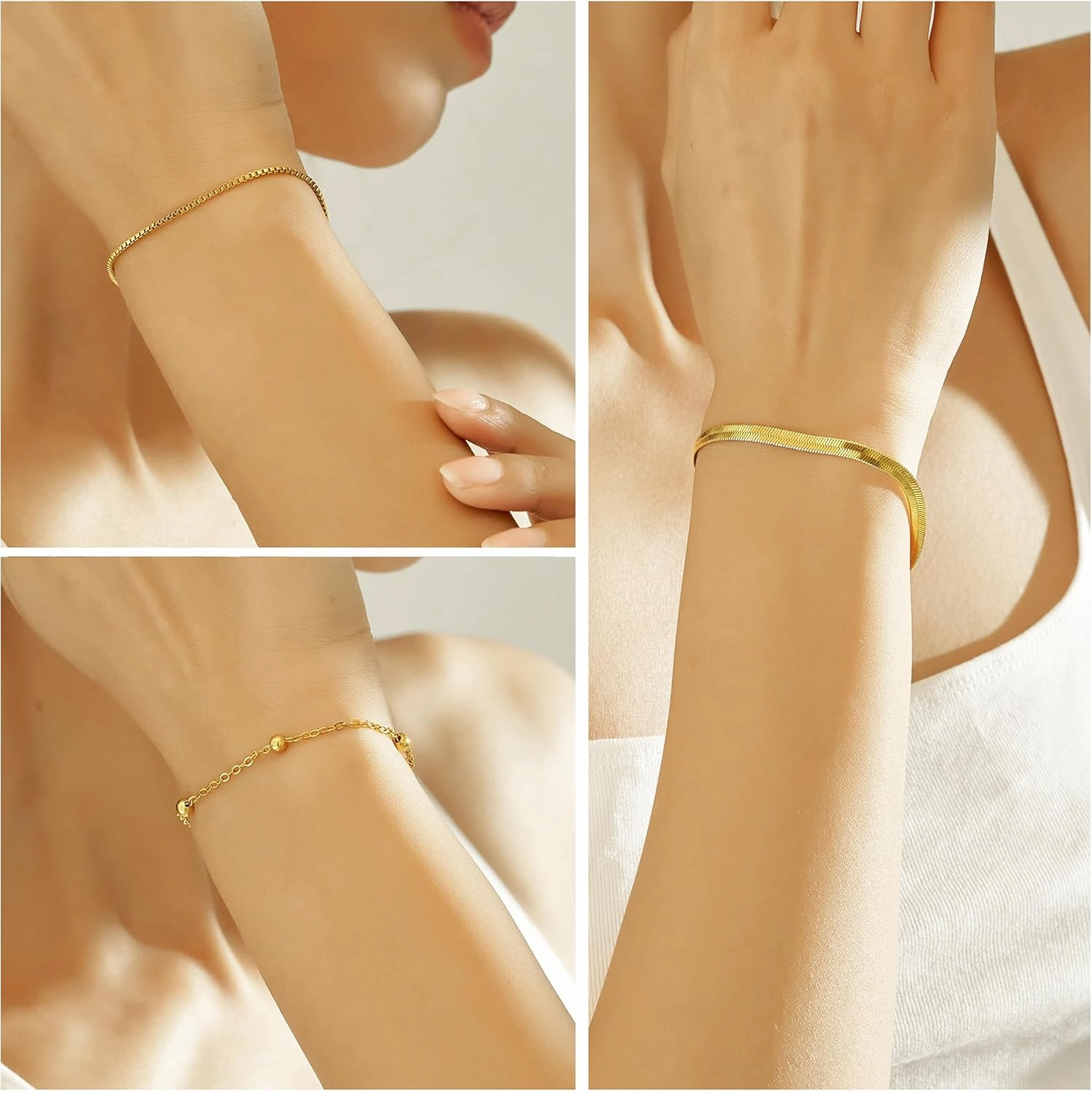 Wgoud Waterproof Gold Bracelets for Women Trendy, Dainty 14K Real Gold Plated Fashion Stackable Bracelet Sets for Women Thin Cuban Link Paperclip Chain Bracelets Layered Gold Jewelry Sets Gifts for Womens