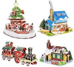 Whaline 3D Puzzles Christmas Cute Jigsaw Paper Model Winter Simple Puzzle Paper and EPS Foam Board Toys for Girls Boys, Santa Xmas Tree Cottage Train Creative DIY Model Building kit for Kids Adaults