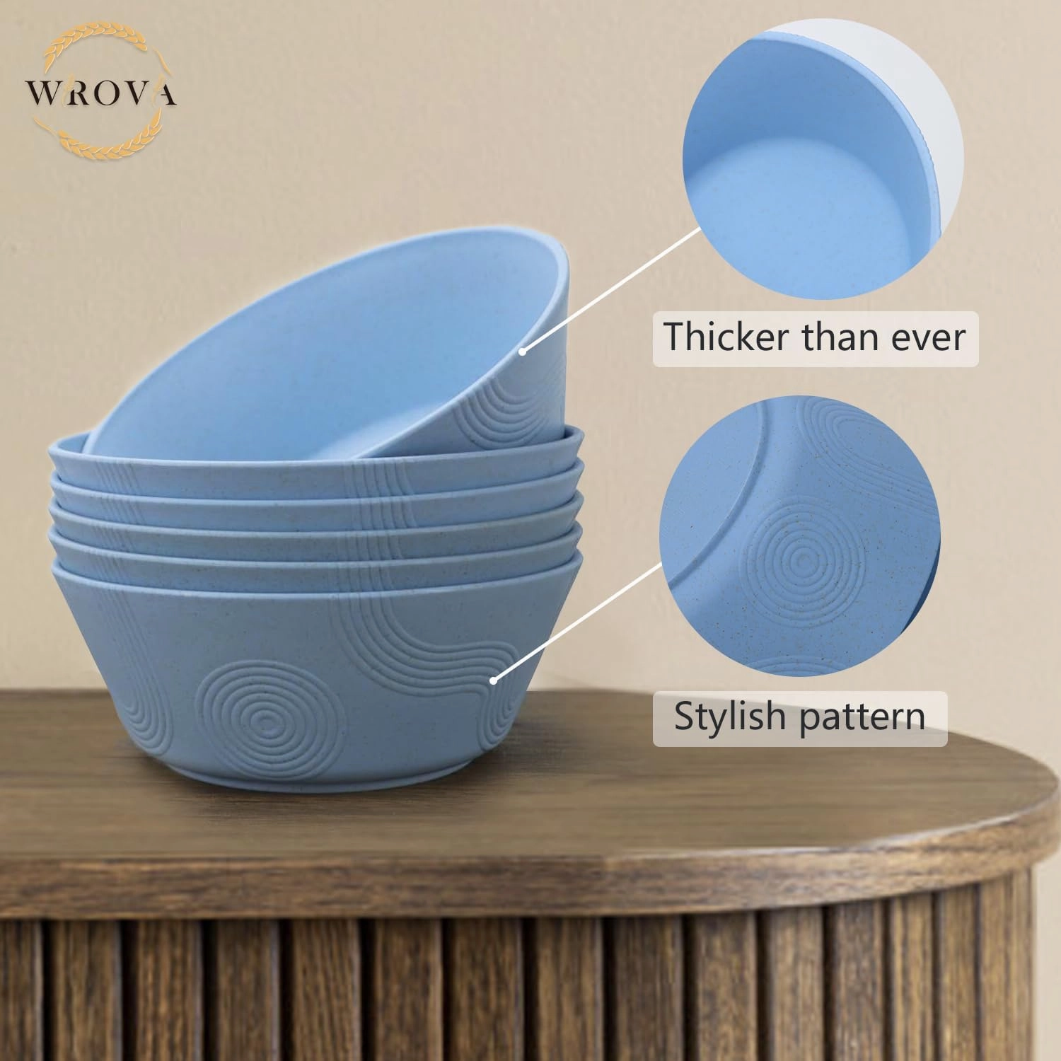 Wheat Straw Bowl Sets with Textured Pattern,6 PCS Unbreakable Cereal Bowl 36 OZ,Microwave and Dishwasher Safe Bowls,Soup Bowl Sets BPA Free for Salad (Sky-Blue