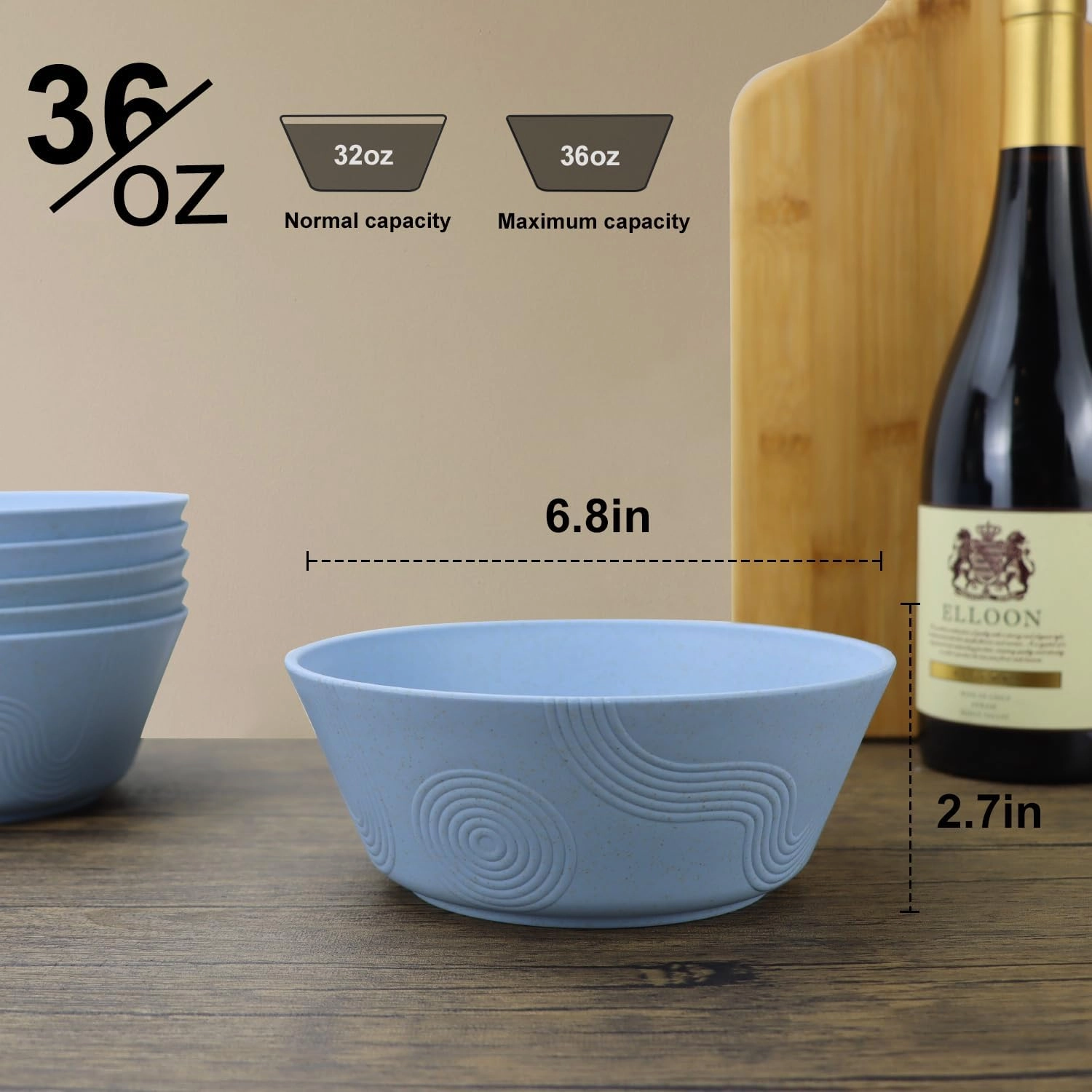 Wheat Straw Bowl Sets with Textured Pattern,6 PCS Unbreakable Cereal Bowl 36 OZ,Microwave and Dishwasher Safe Bowls,Soup Bowl Sets BPA Free for Salad (Sky-Blue