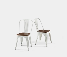 White Metal Dining Chairs Set of 2 with Wooden Seat Iron Stackable Industrial Tolix Style Outdoor Farmhouse Kitchen Cafe Arctic White Color