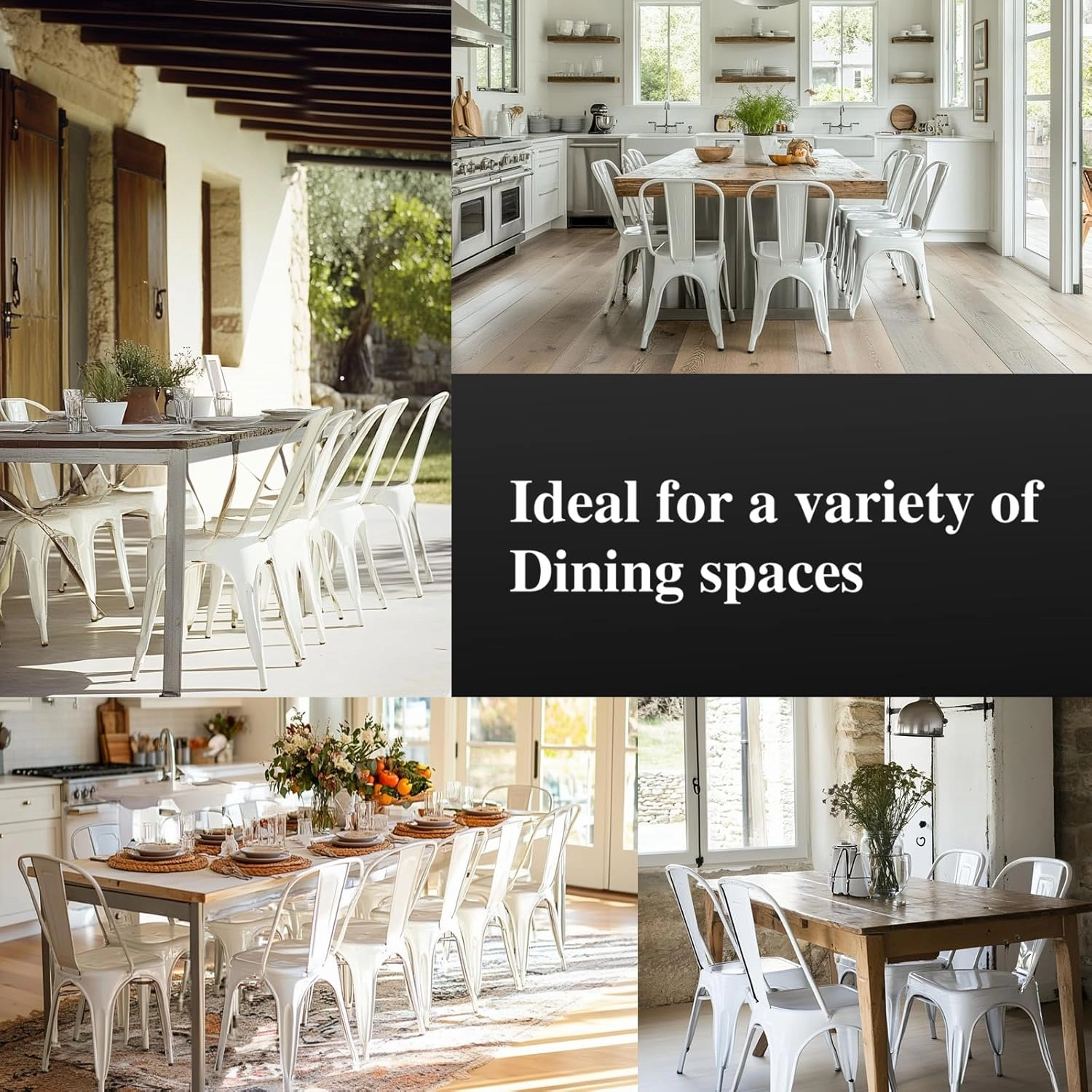 White Metal Dining Chairs Set of 2 with Wooden Seat Iron Stackable Industrial Tolix Style Outdoor Farmhouse Kitchen Cafe Arctic White Color
