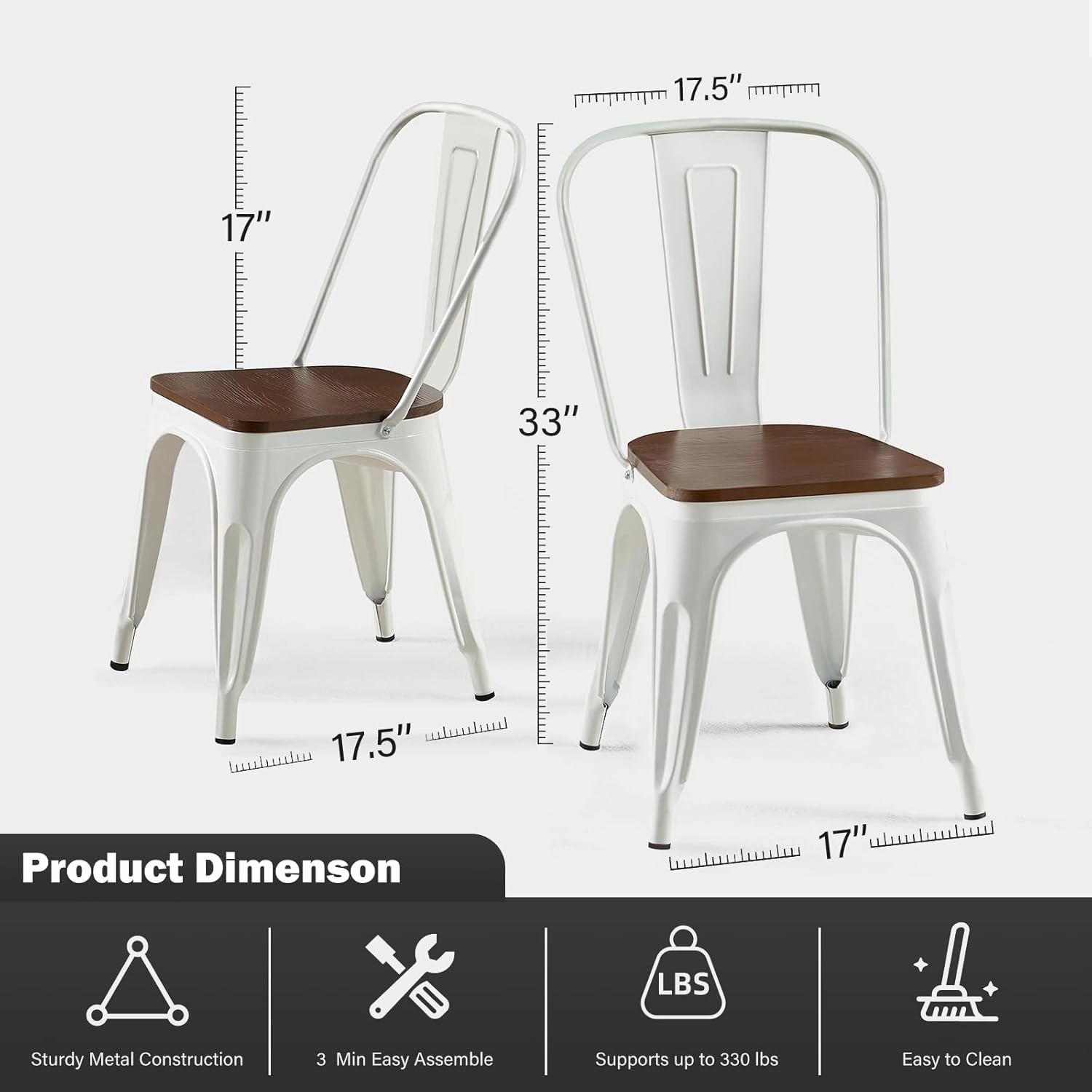White Metal Dining Chairs Set of 2 with Wooden Seat Iron Stackable Industrial Tolix Style Outdoor Farmhouse Kitchen Cafe Arctic White Color