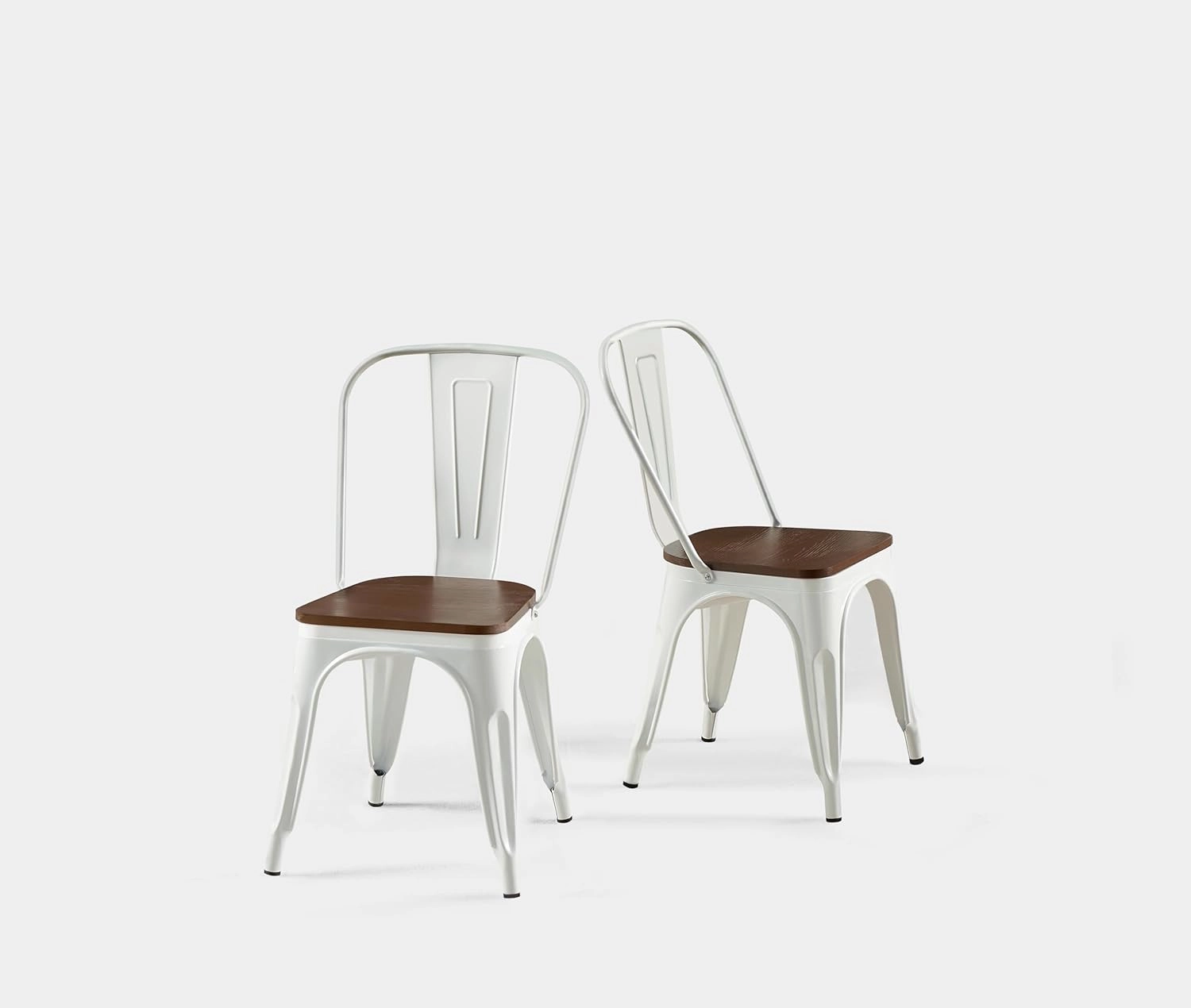 White Metal Dining Chairs Set of 2 with Wooden Seat Iron Stackable Industrial Tolix Style Outdoor Farmhouse Kitchen Cafe Arctic White Color